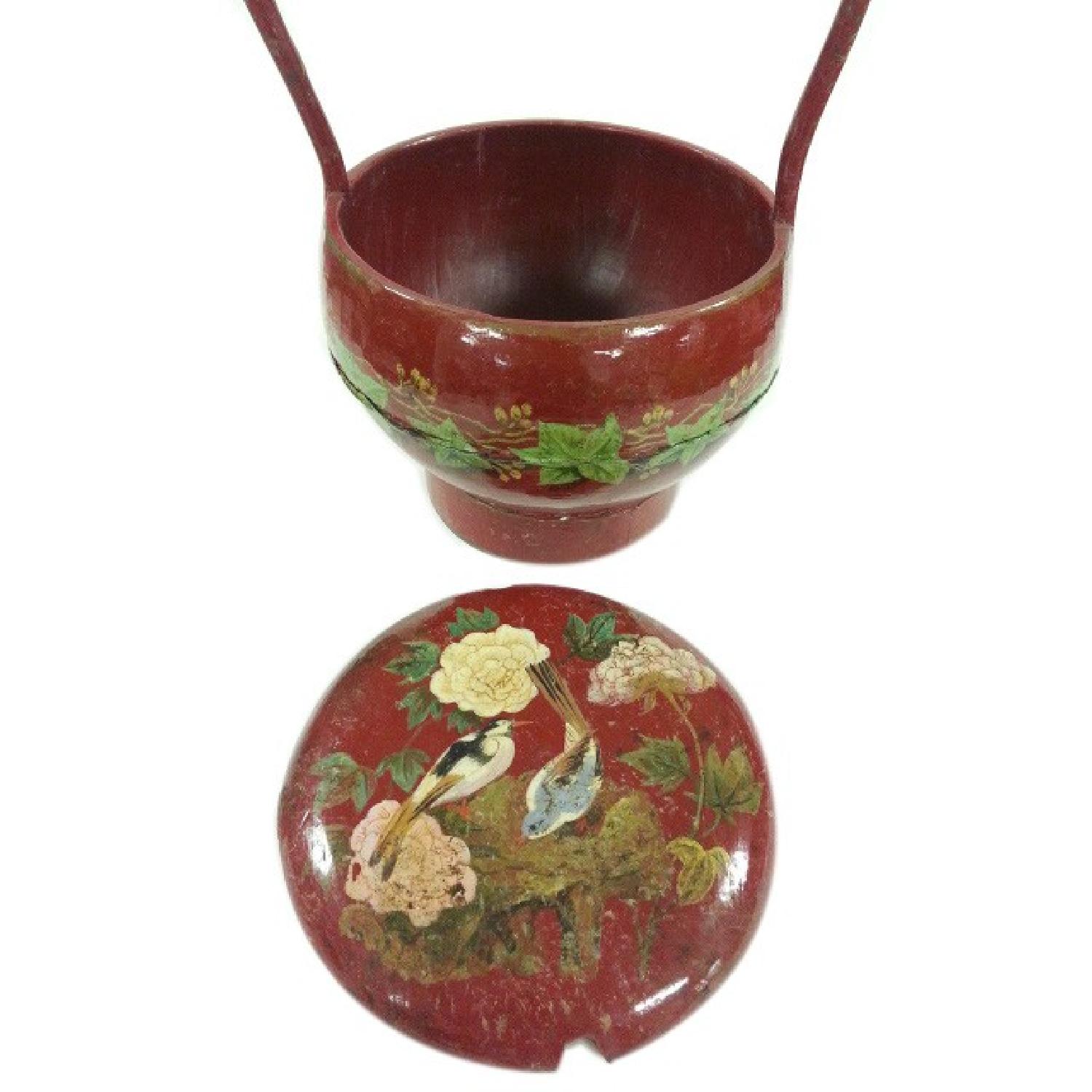 Vintage Hand Painted Chinese Red Lacquer Wedding Marriage Basket - image-2