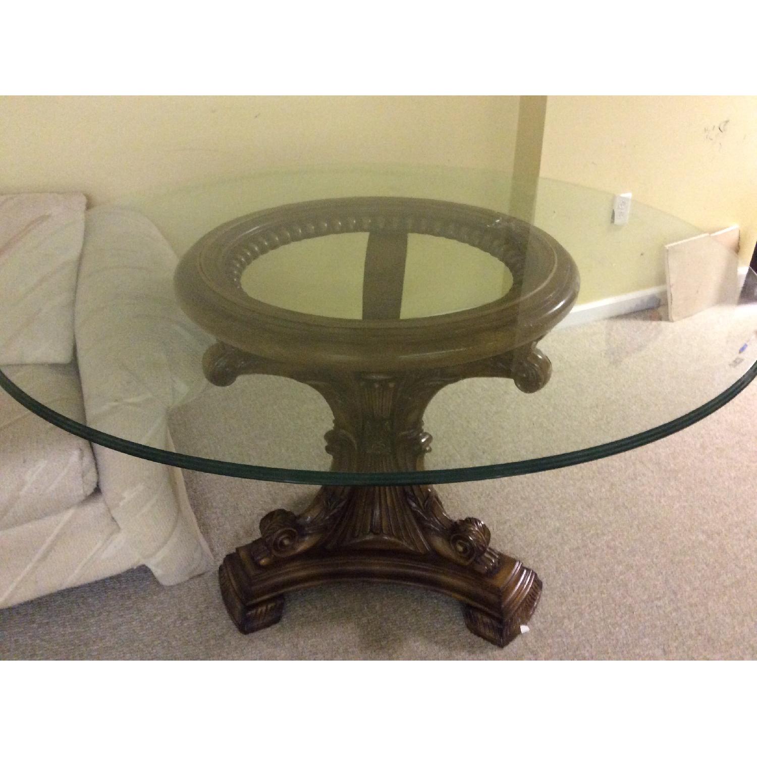 Glass Top Round Dining Table w/ Wood Pedestal - image-1