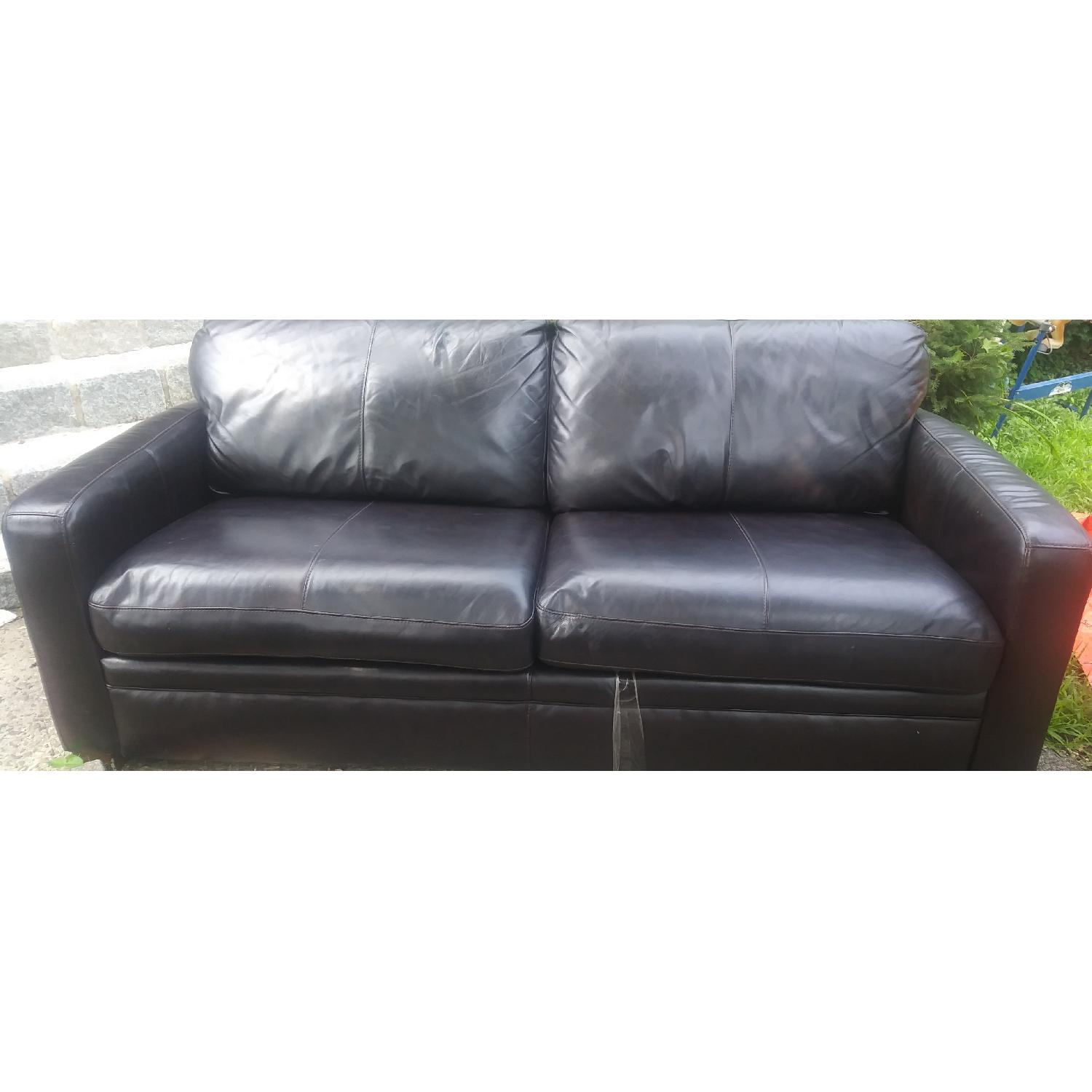 Raymour & Flanigan Trent Leather Dark Brown Pull-Out Loveseat - image-1