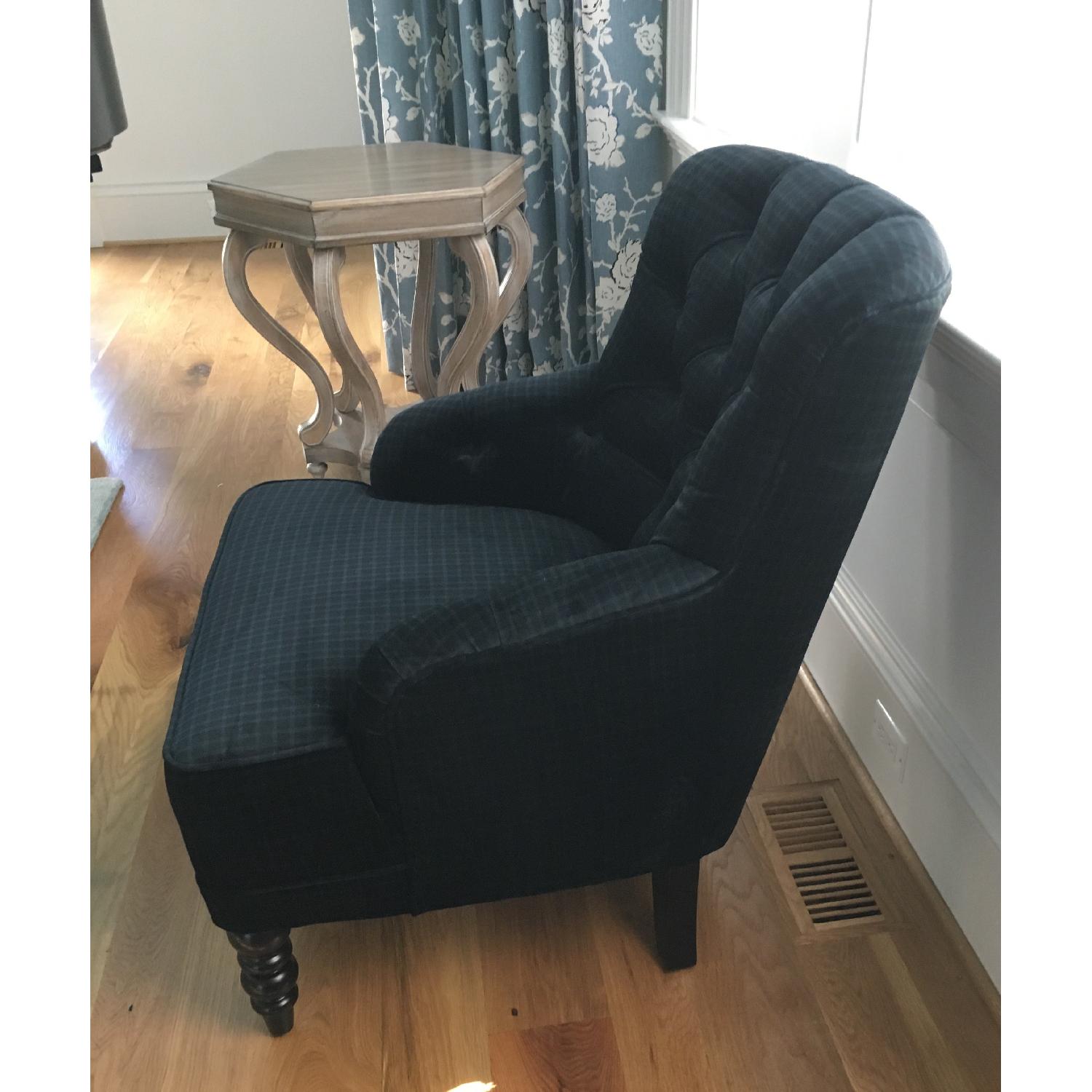 Jim Parsons Mahoney Navy Blue Plaid Velvet Lounge Chair w/ Button Tufts & Hand Turned Legs - image-1