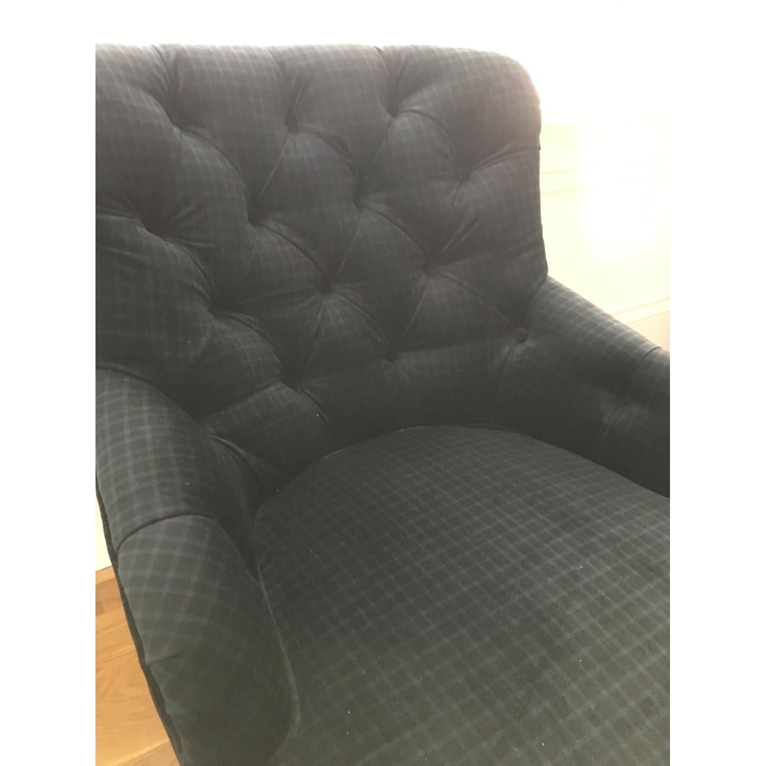 Jim Parsons Mahoney Navy Blue Plaid Velvet Lounge Chair w/ Button Tufts & Hand Turned Legs - image-3