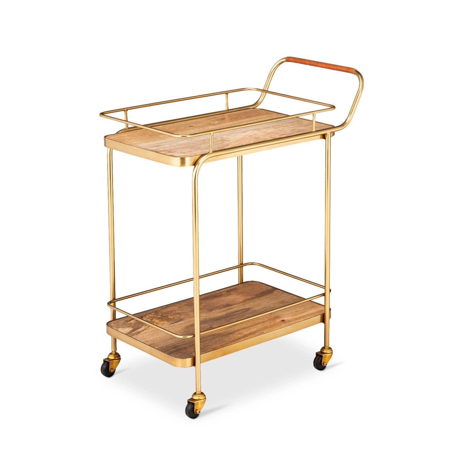 Target Threshold Metal Wood & Leather Bar Cart in Gold - image-1
