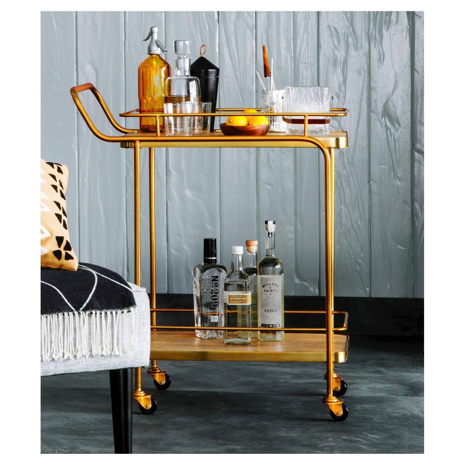 Target Threshold Metal Wood & Leather Bar Cart in Gold - image-2
