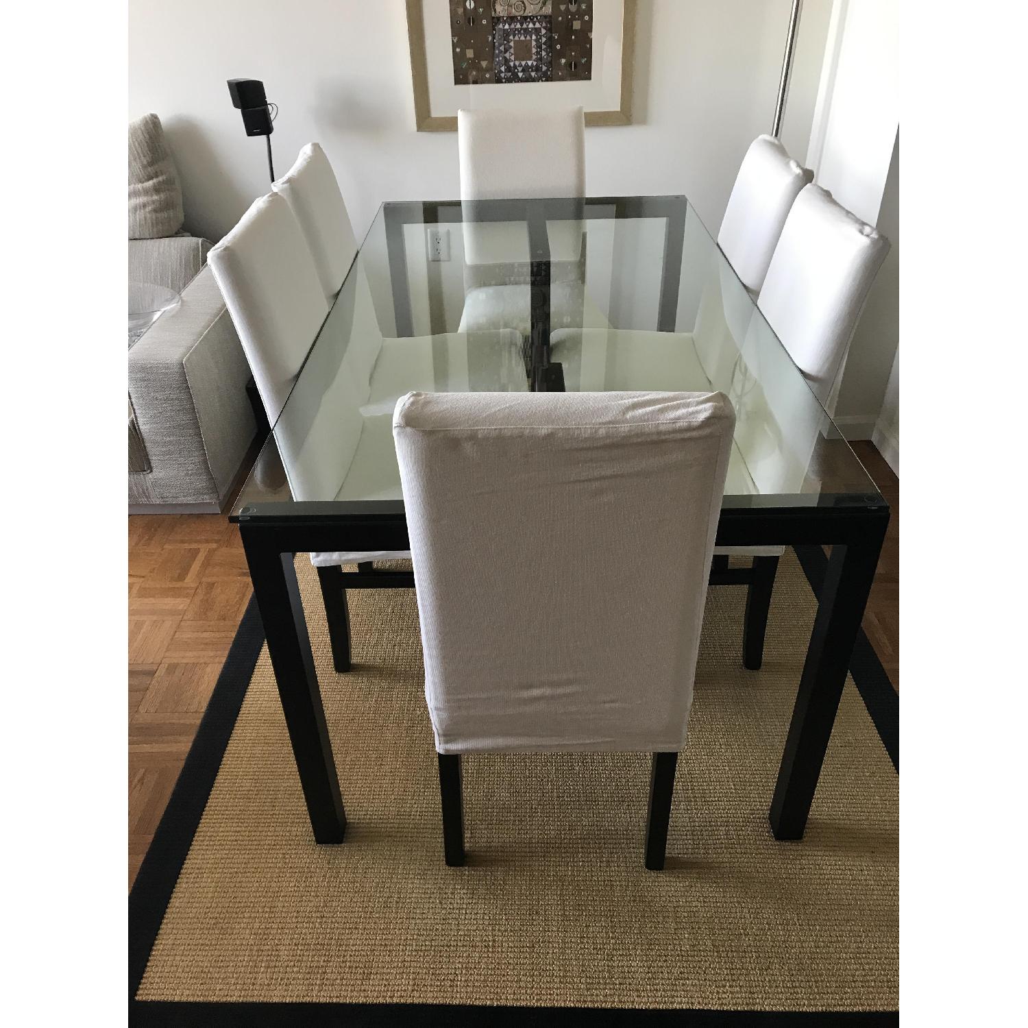 Crate & Barrel Glass Top Dining Table w/ 6 Chairs - image-1