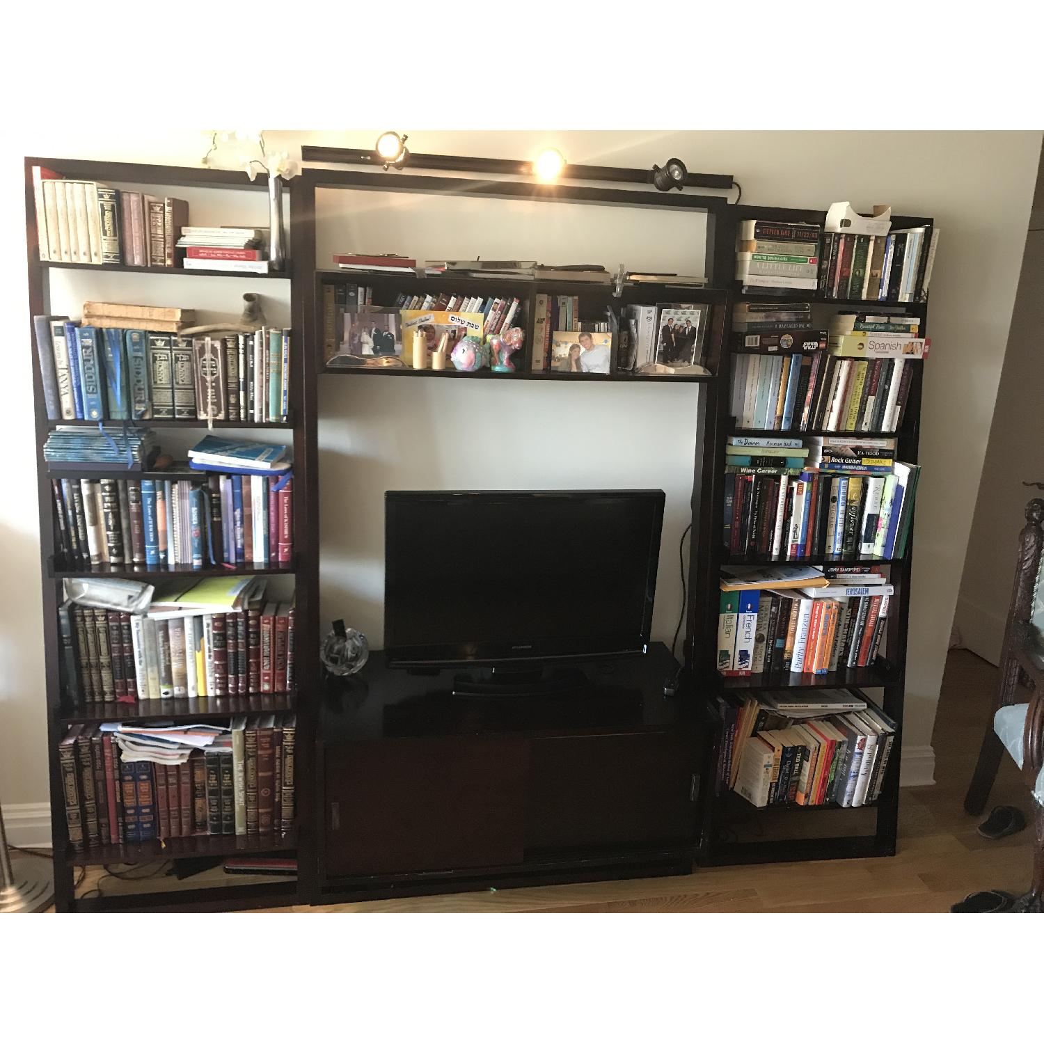 Crate & Barrel Leaning Bookcases w/ Media Stand - image-1