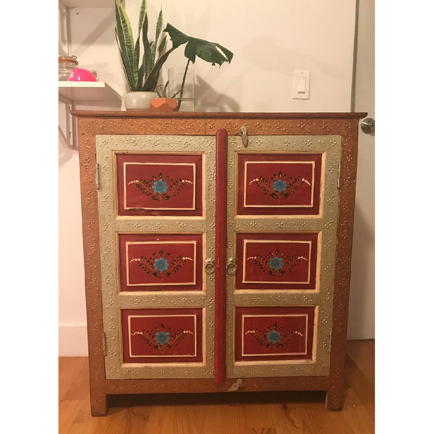 Hand Painted Floral Carved Wood Indian Cabinet - image-1