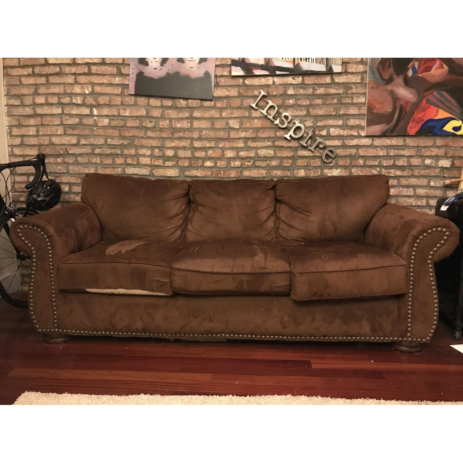 Brown 3 Seater Sofa w/ Nailheads - image-1