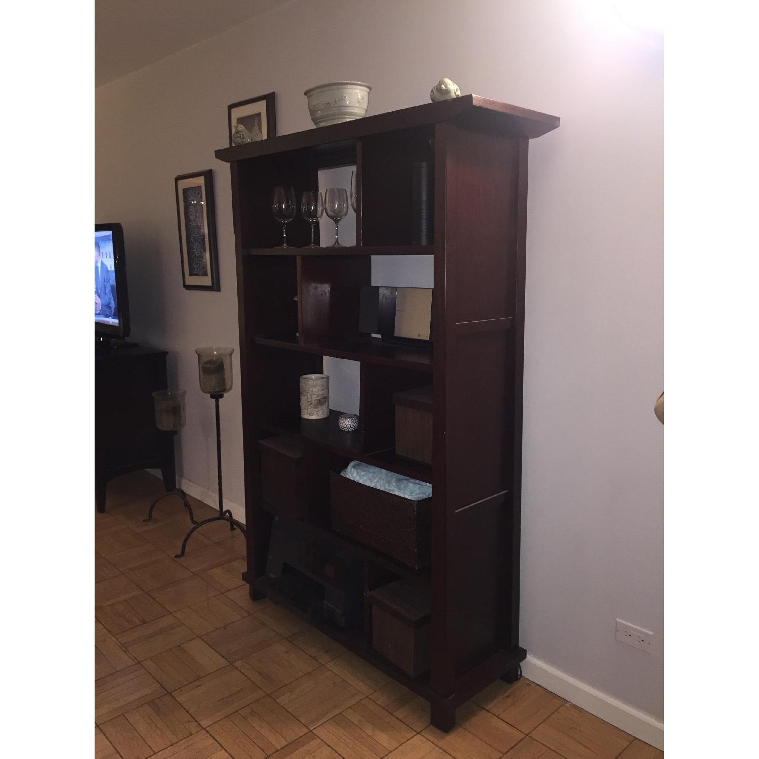 Crate & Barrel Mahogany Bookshelf w/ Built in Dividers - image-1