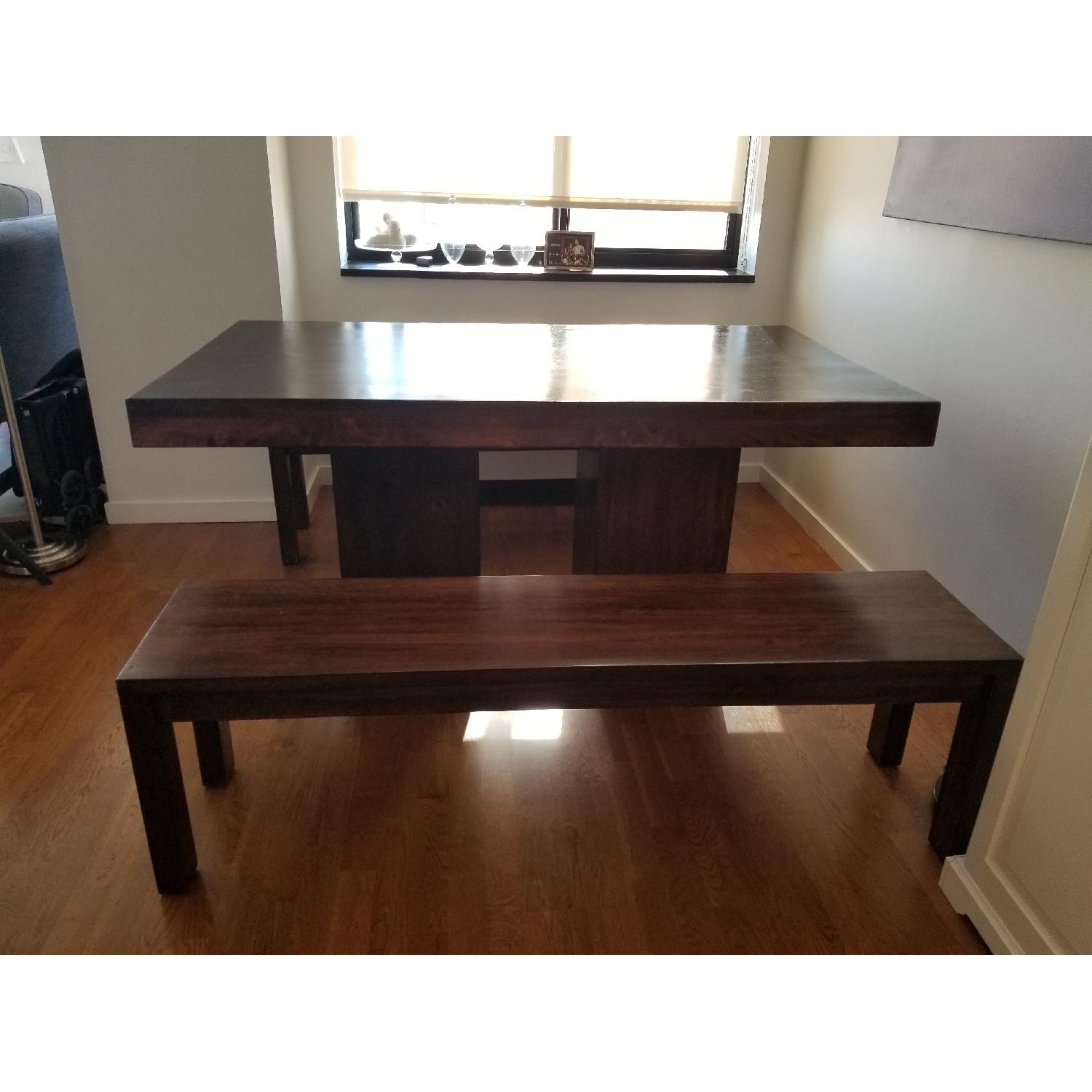 Custom-Made Dark Wood Dining Table w/ 2 Benches - image-1
