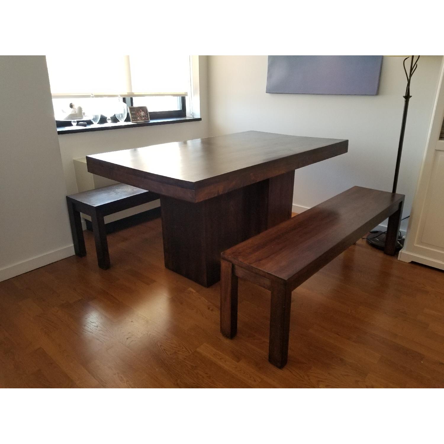 Custom-Made Dark Wood Dining Table w/ 2 Benches - image-2