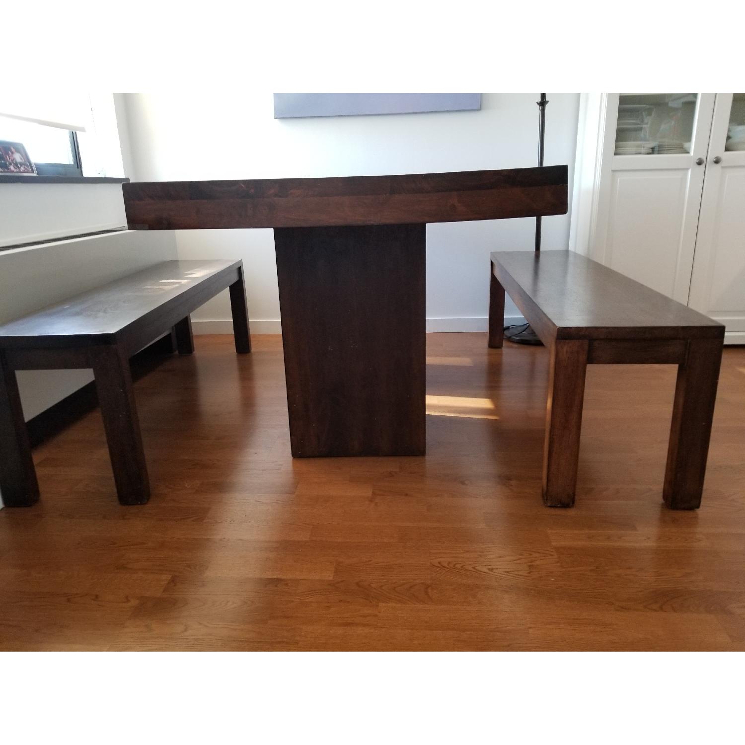 Custom-Made Dark Wood Dining Table w/ 2 Benches - image-3