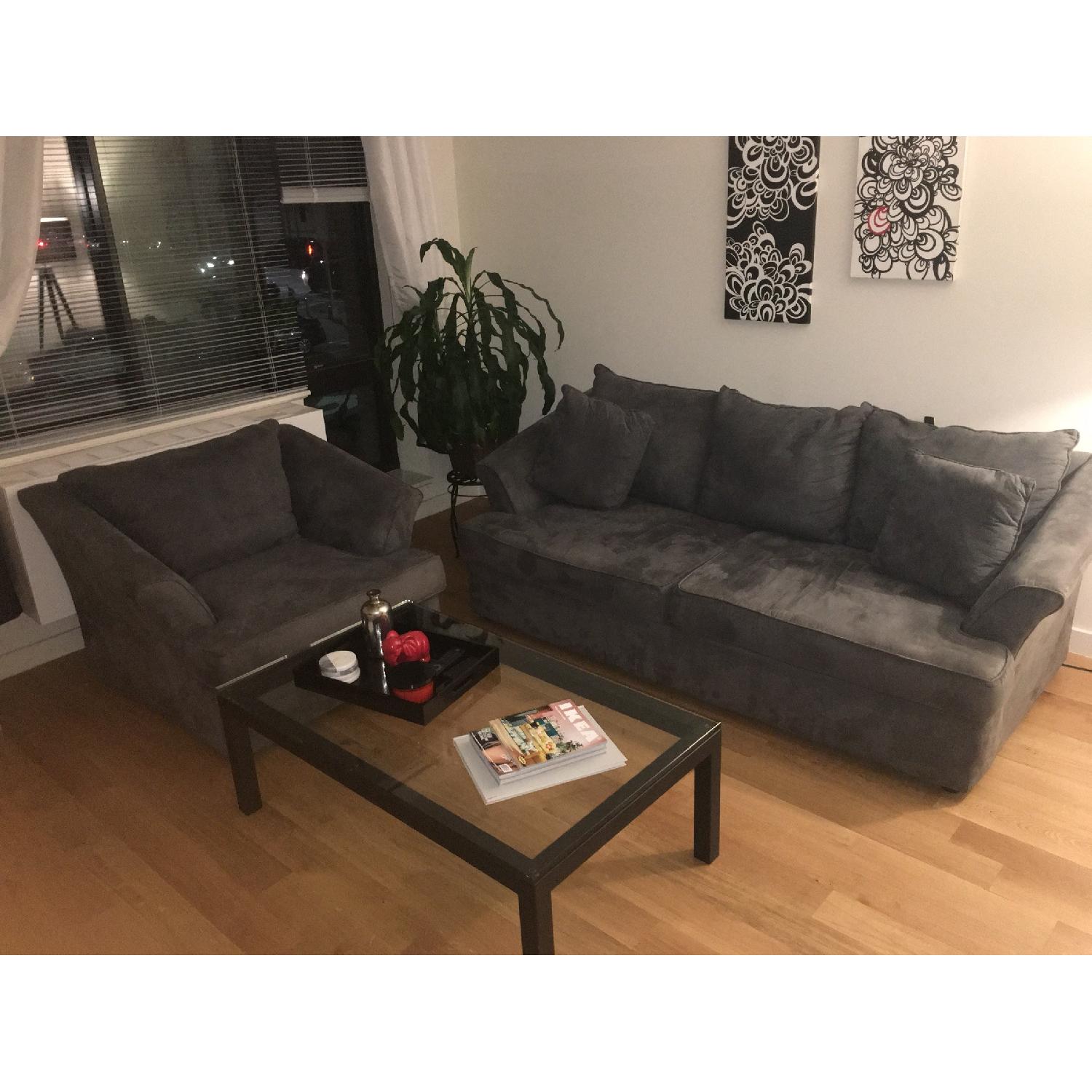 Jennifer Convertibles Microsuede Sofa + Armchair in Charcoal - image-1