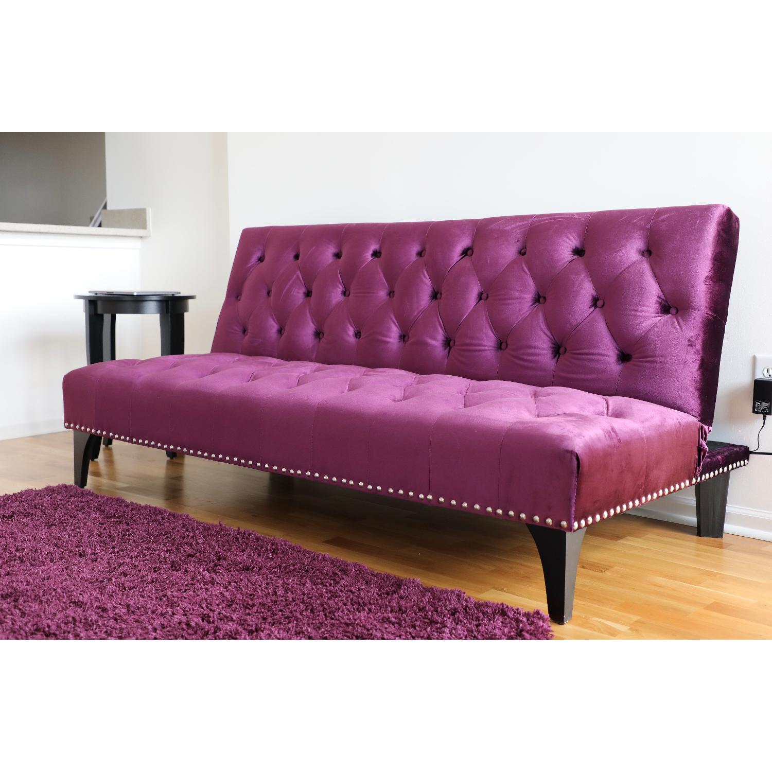Purple Velvet Button Tufted Sleeper Sofa - image-2