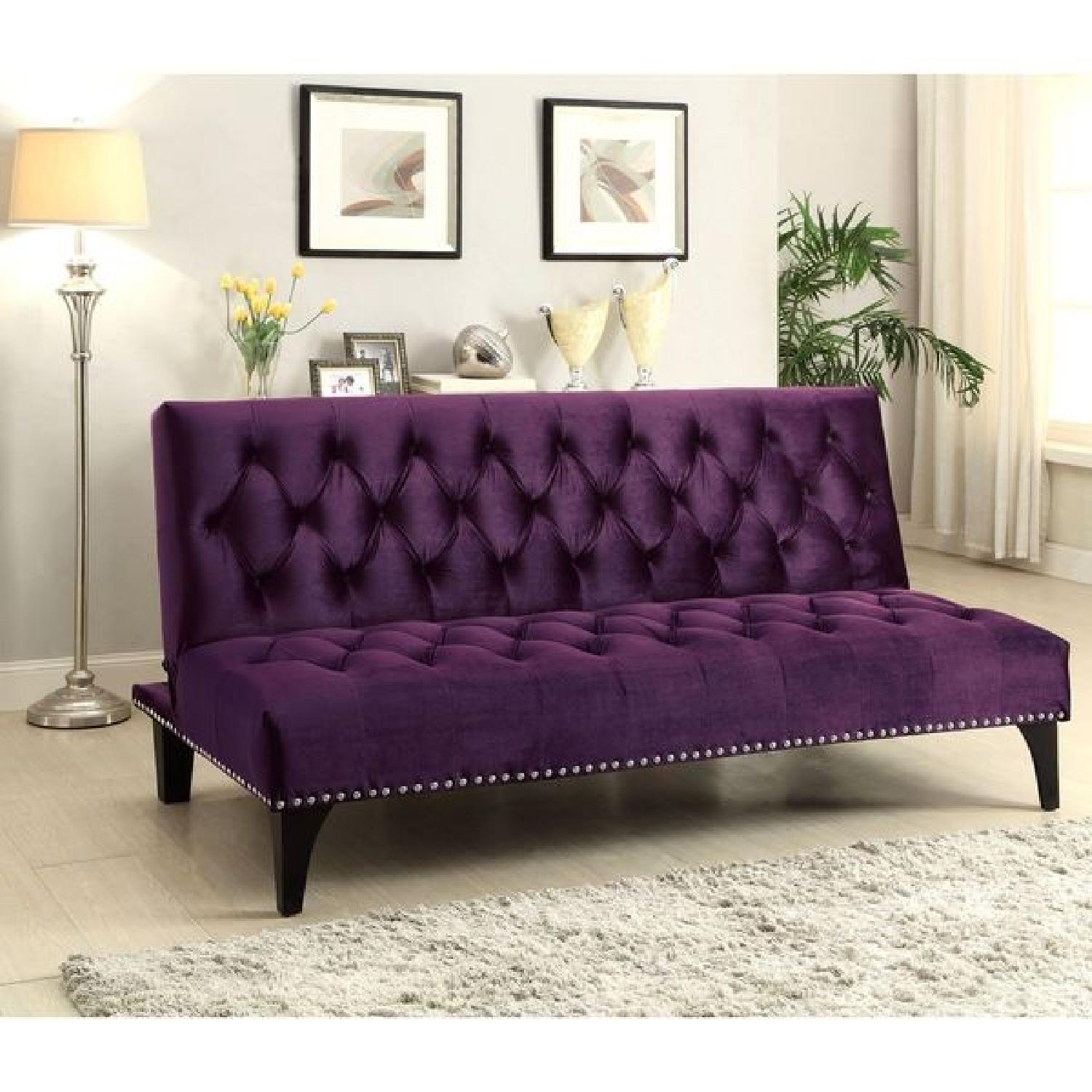 Purple Velvet Button Tufted Sleeper Sofa - image-7