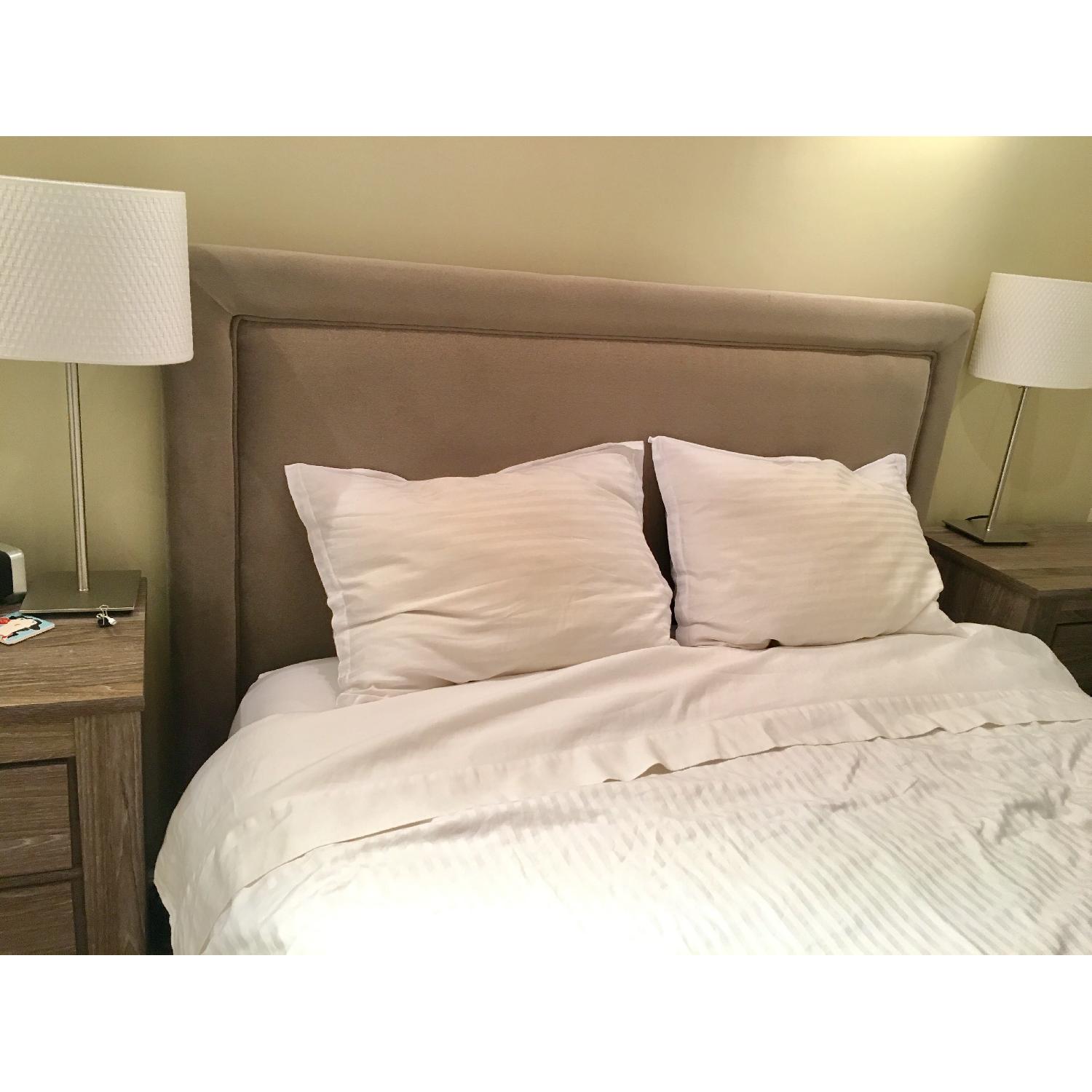 Queen Size Grey Upholstered Bed Frame w/ Metal Studs - image-1