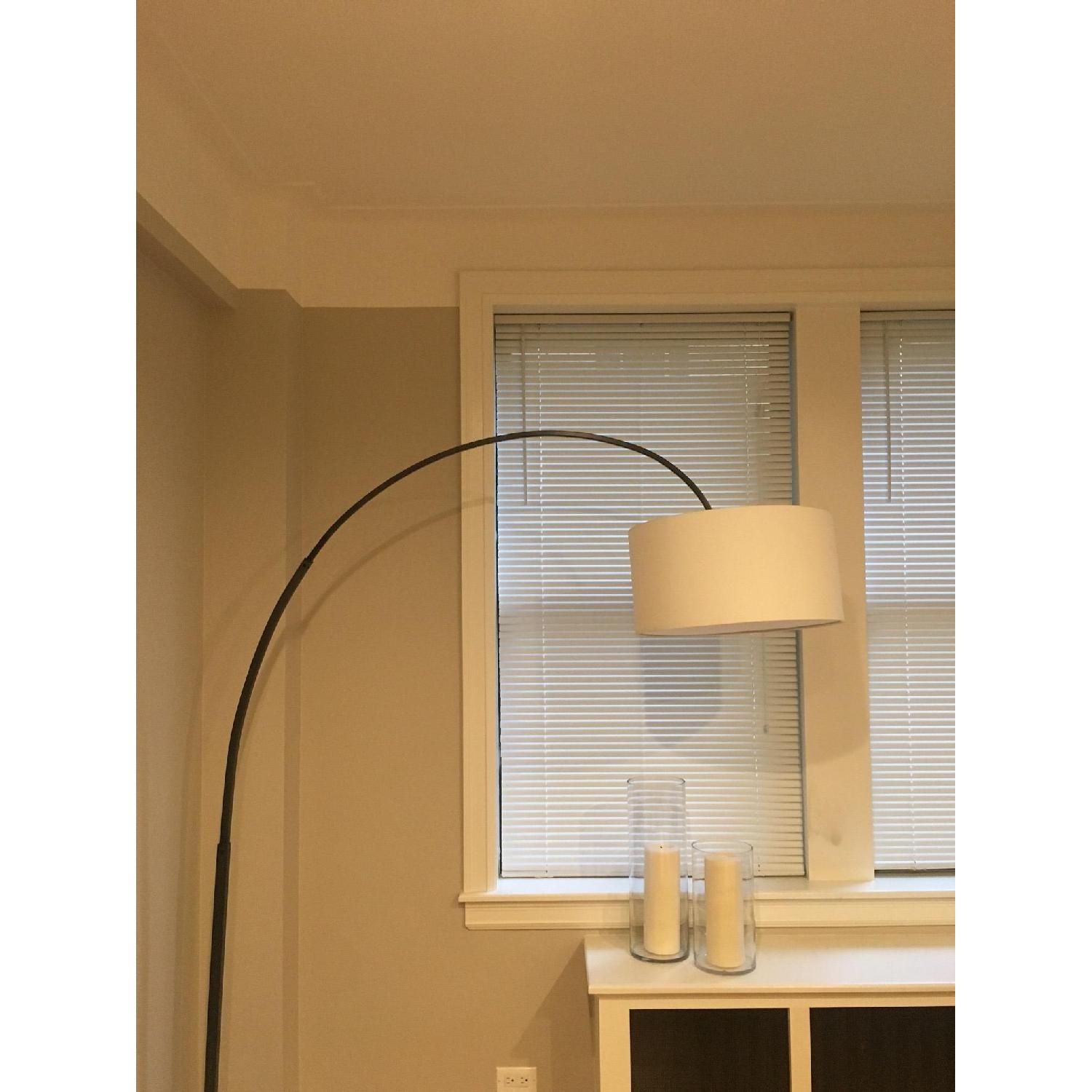 West Elm Overarching Linen Shade Floor Lamp in Antique Brass - image-1