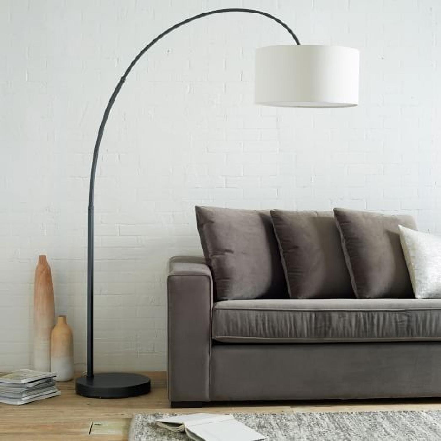 West Elm Overarching Linen Shade Floor Lamp in Antique Brass - image-5