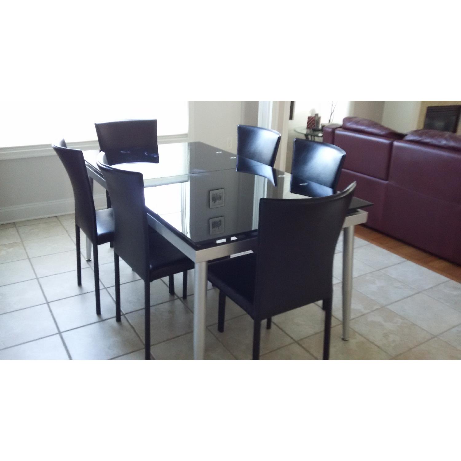 Helsinki Black Glass Table w/ 6 Zuo Black Bond Leather Chairs - image-1