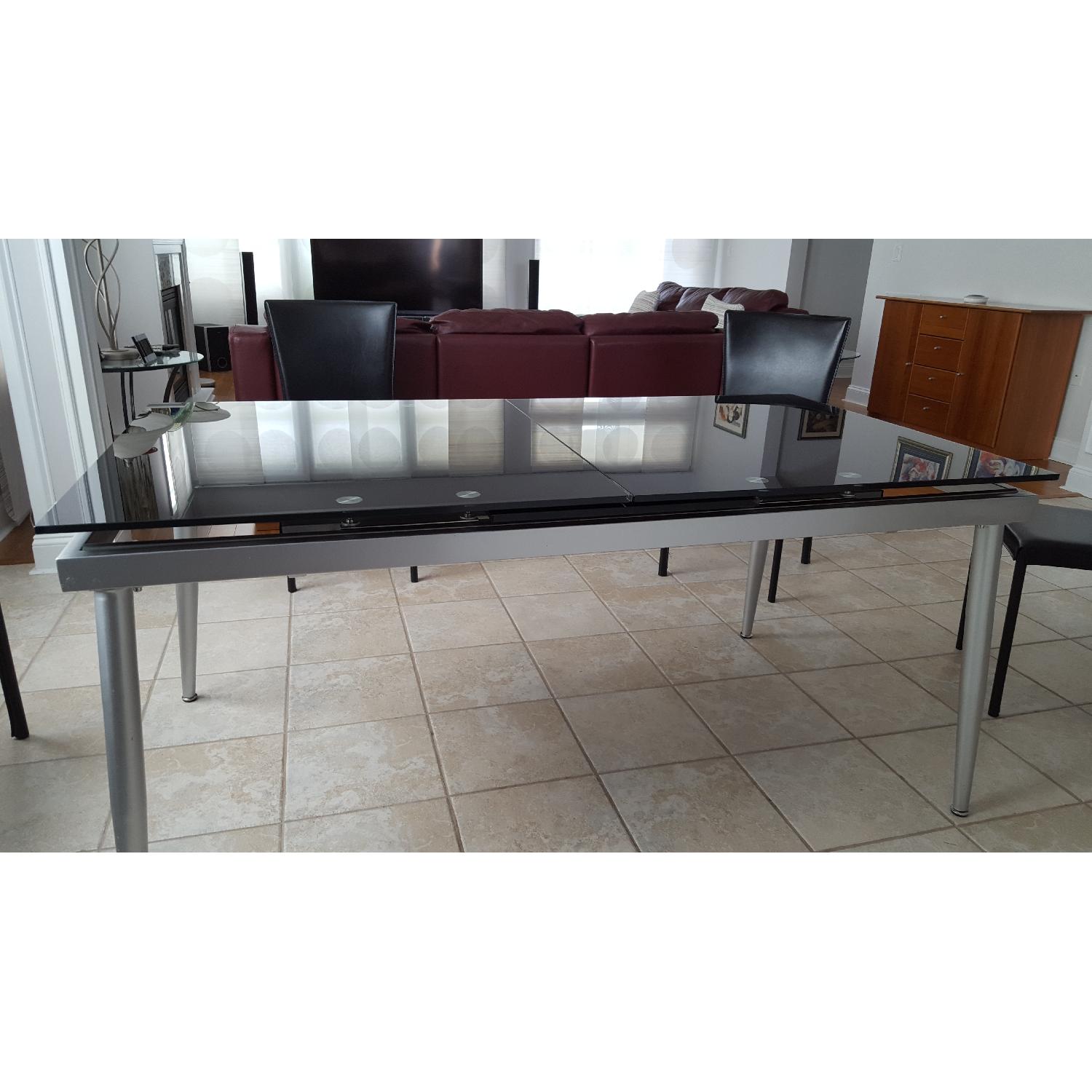 Helsinki Black Glass Table w/ 6 Zuo Black Bond Leather Chairs - image-2