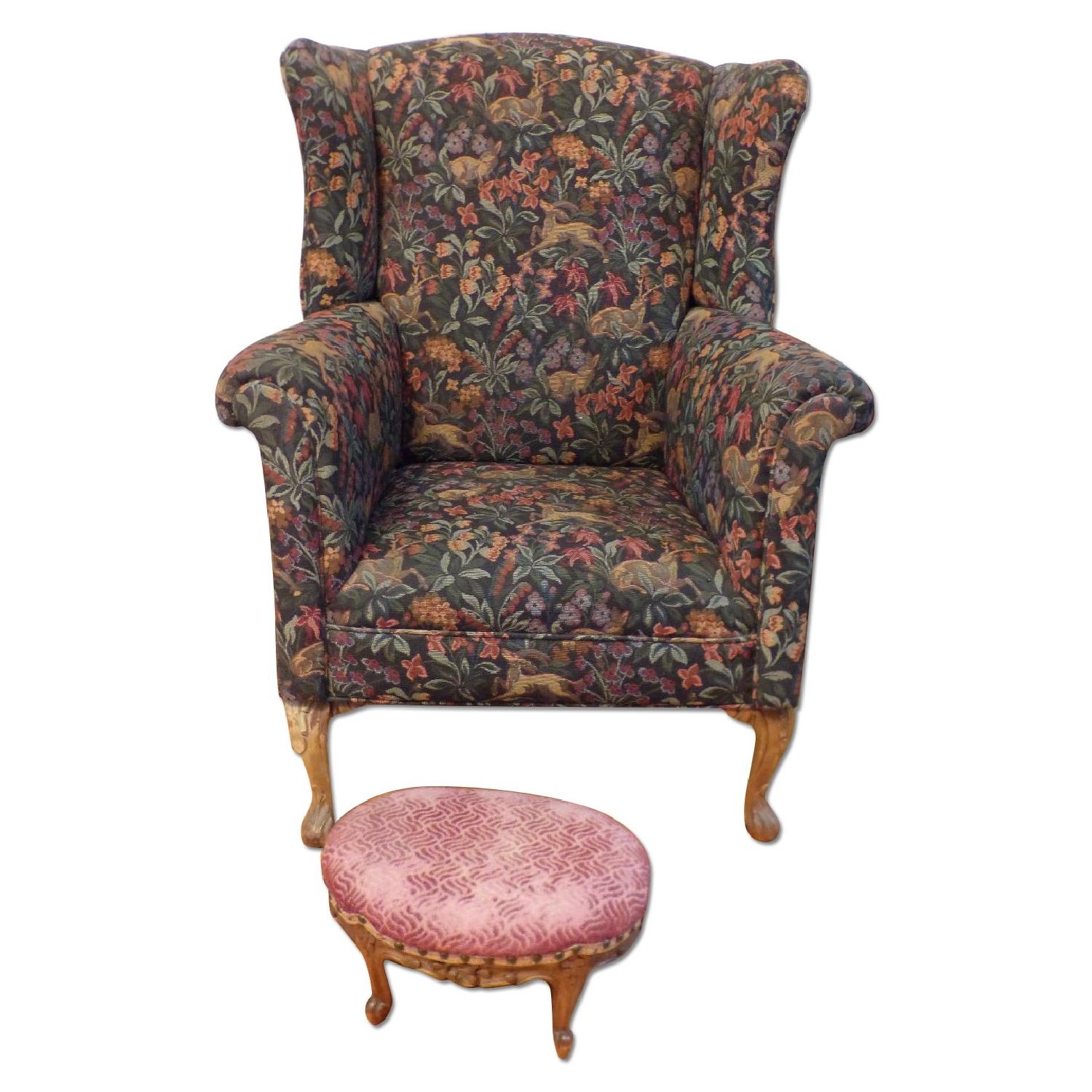 Mid Century Wingback Chair + Footstool - image-0