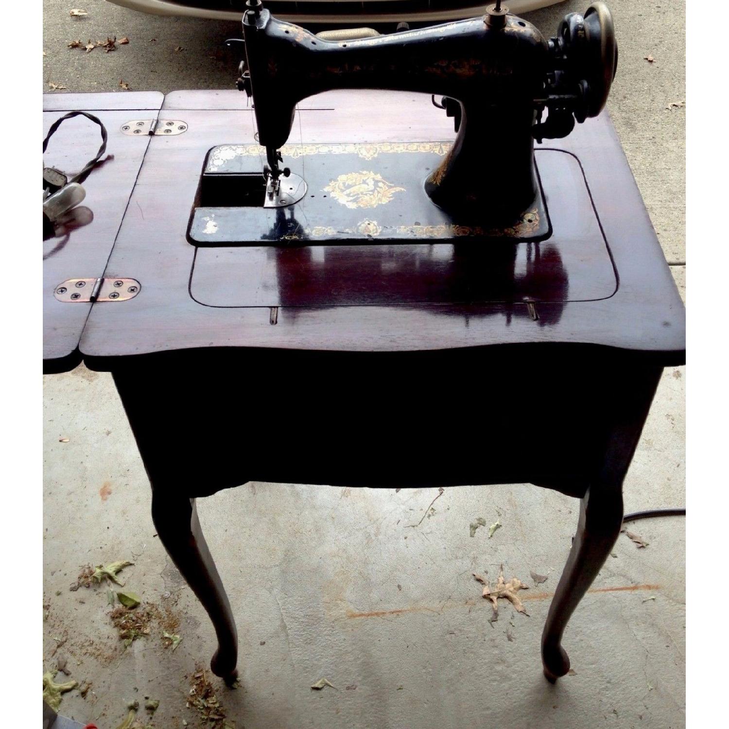 Antique Wood Table w/ Built In Singer Sewing Machine - image-3