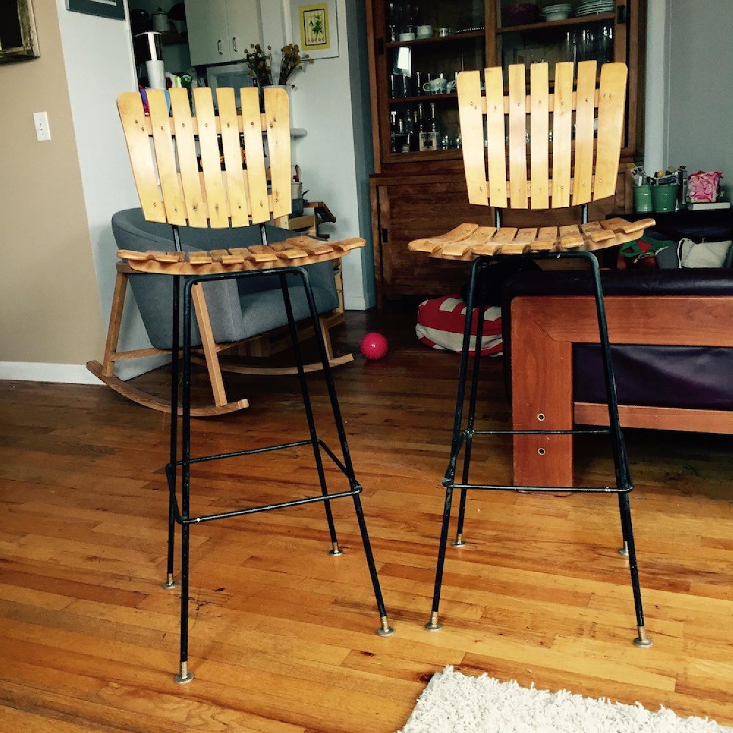 Arthur Umanoff Mid Century Wood Slat Bar Stools - Pair - image-1