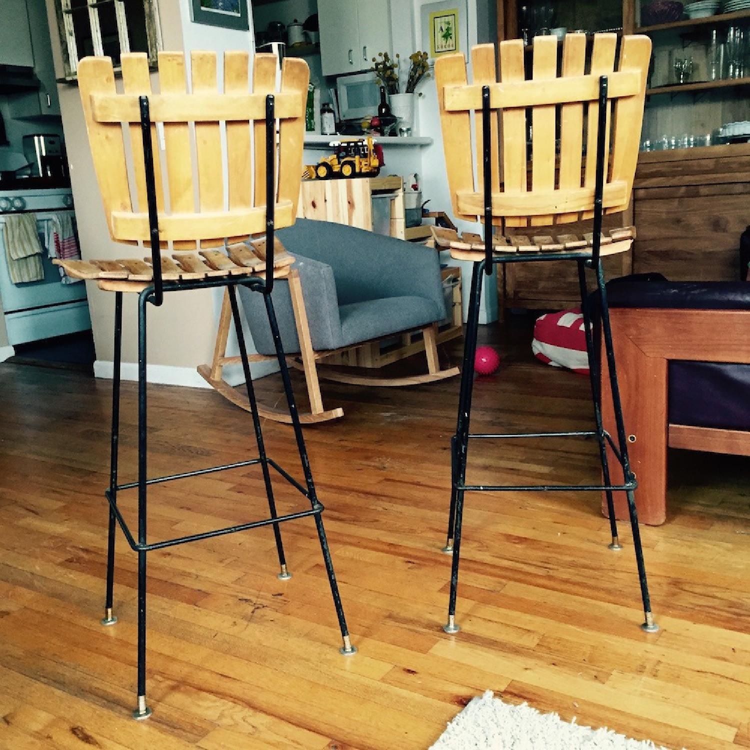 Arthur Umanoff Mid Century Wood Slat Bar Stools - Pair - image-2