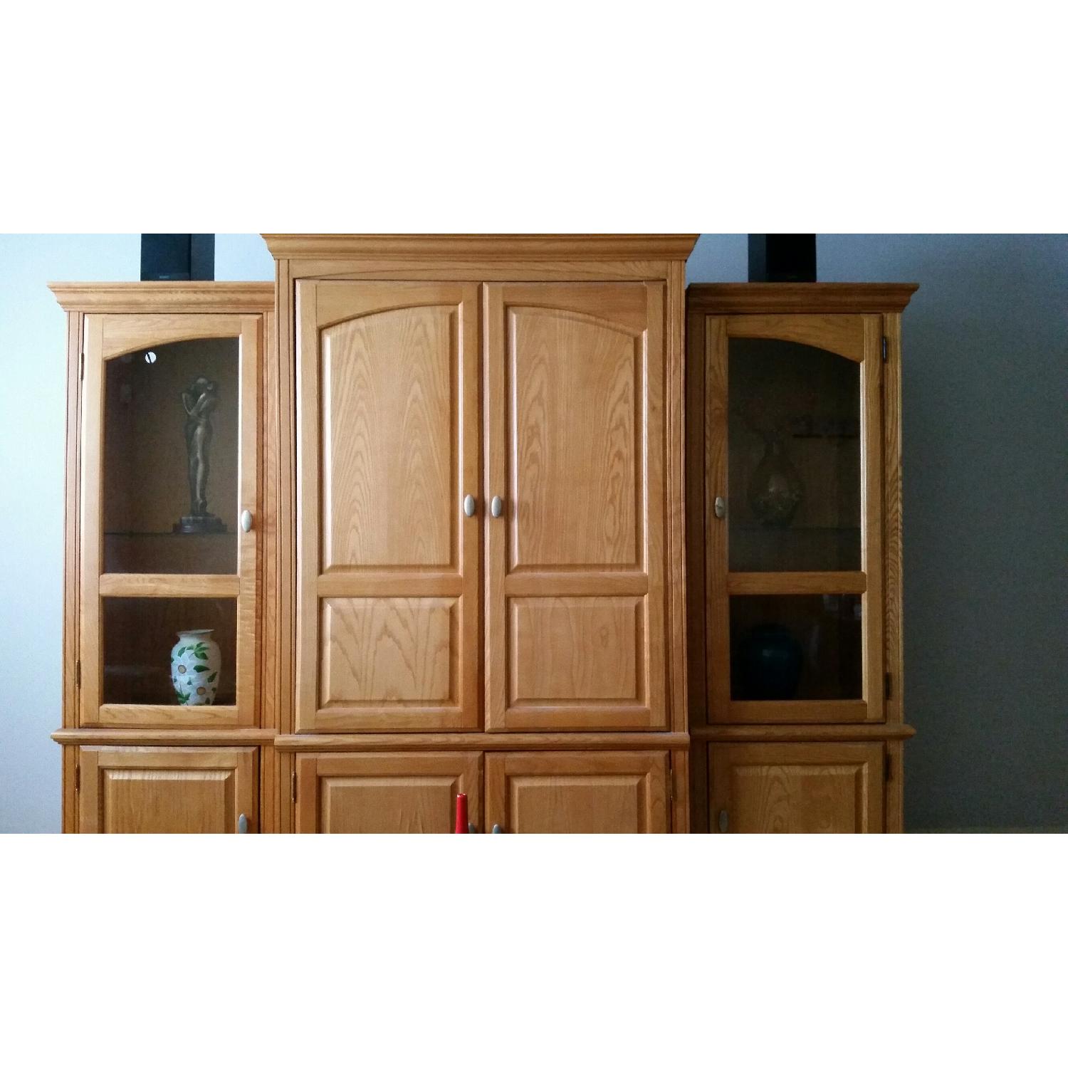 Oak Wood Entertainment Center with Curio Cabinets - image-2