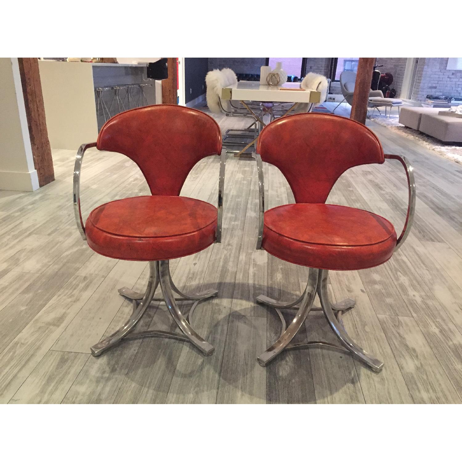 1950s Vintage Orange/Stainless Swivel Salon Chairs - image-4