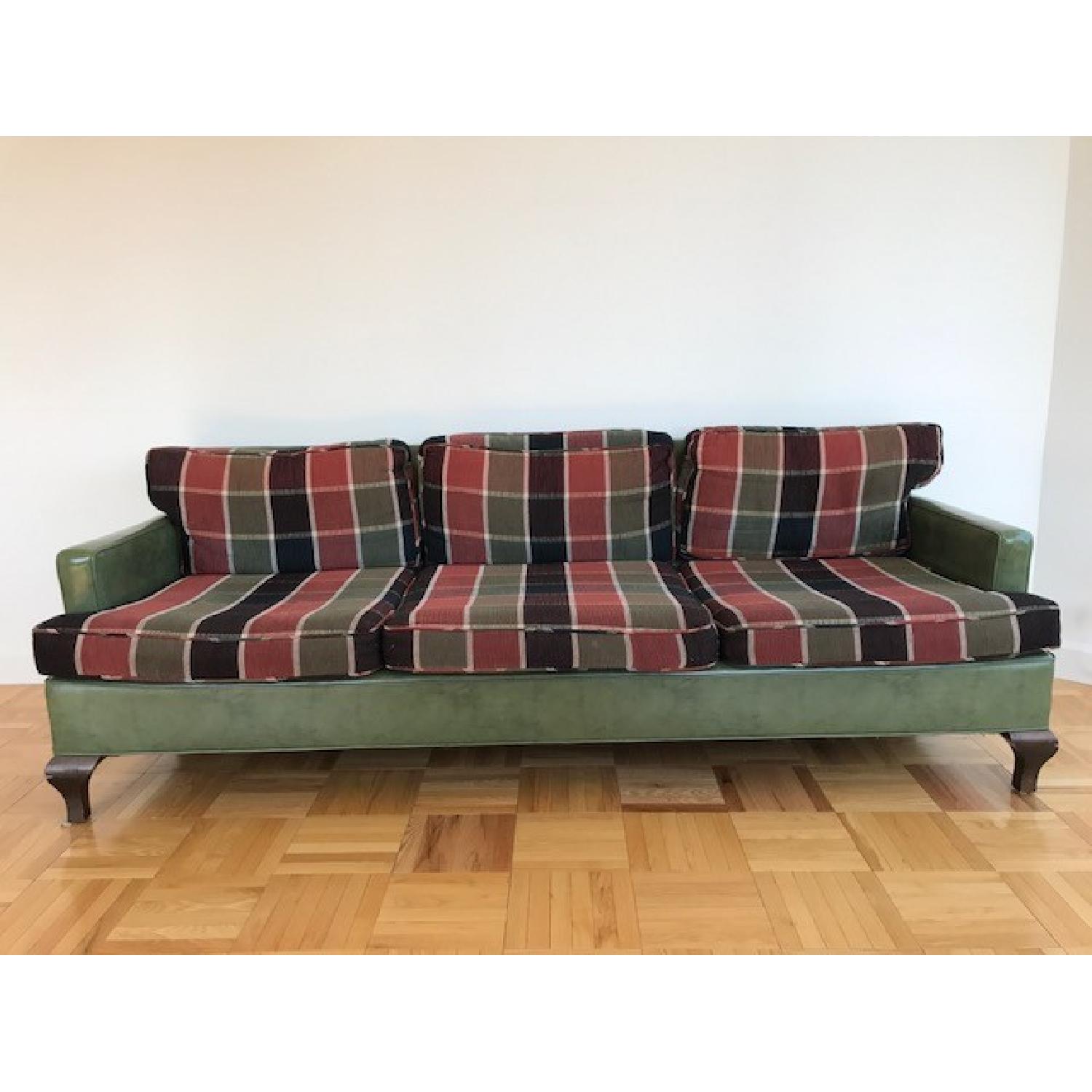 Vintage Style Green Leather & Plaid Couch - image-1
