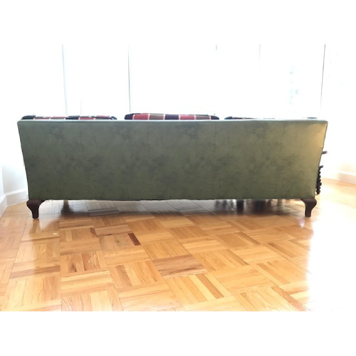 Vintage Style Green Leather & Plaid Couch - image-4