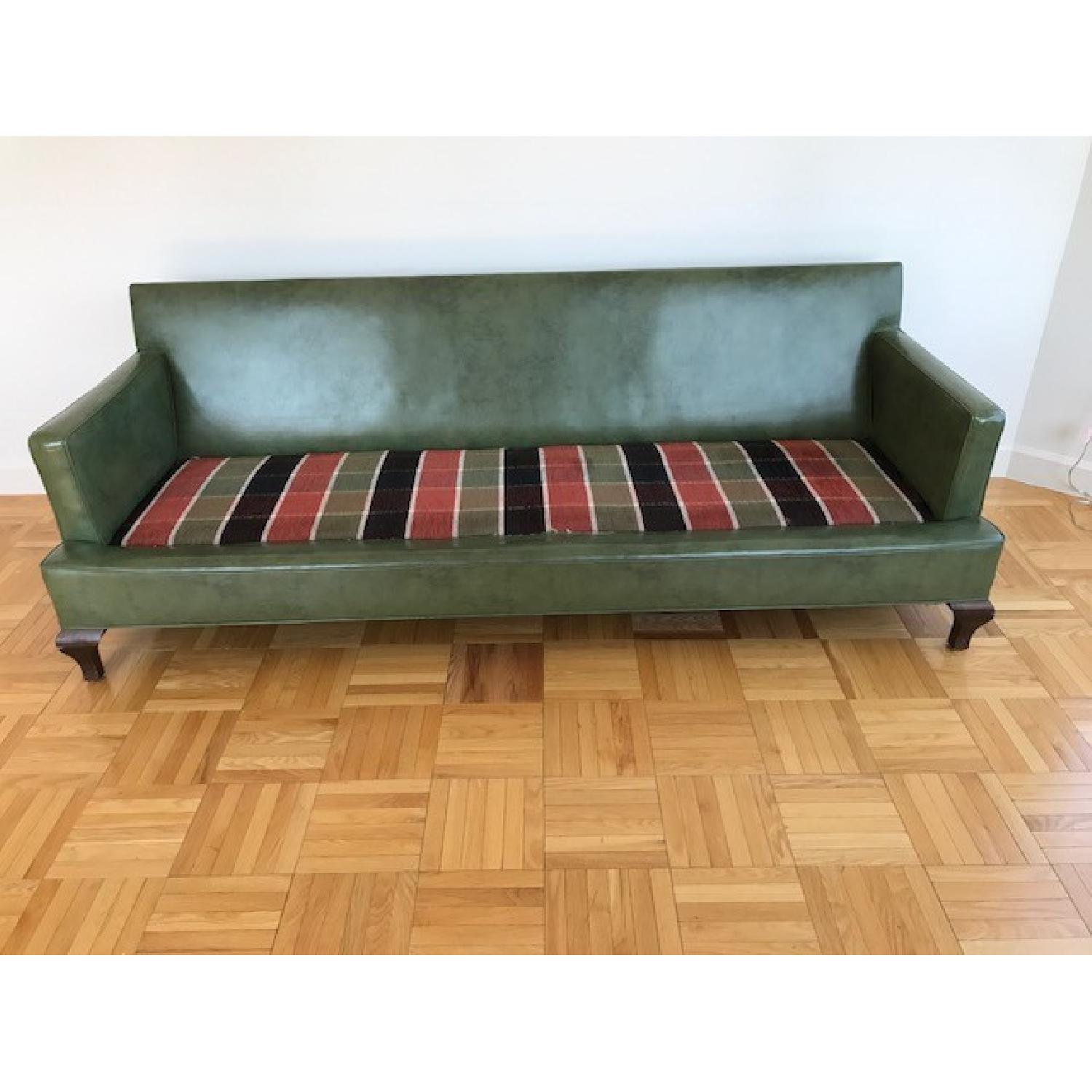 Vintage Style Green Leather & Plaid Couch - image-7