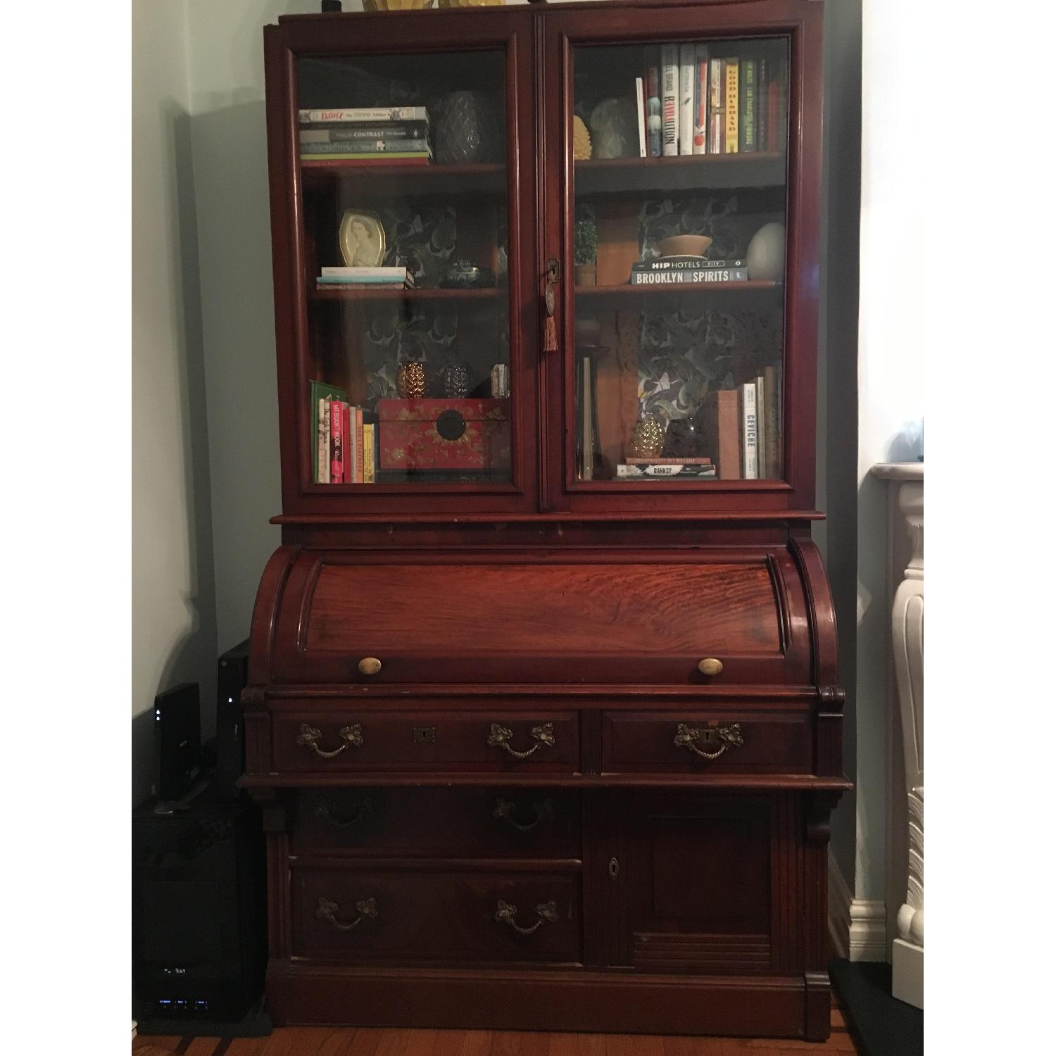 Antique Victorian Roll-Top Secretary Desk w/ Glass Door Bookcase - image-1