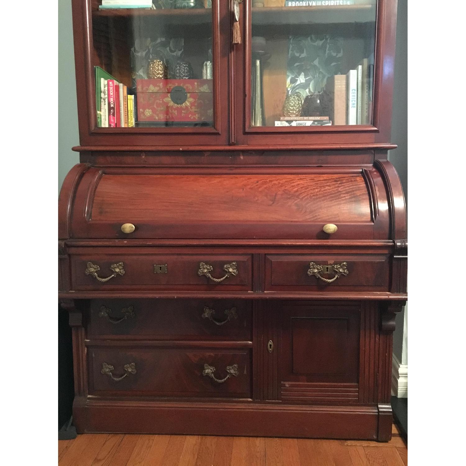 Antique Victorian Roll-Top Secretary Desk w/ Glass Door Bookcase - image-3