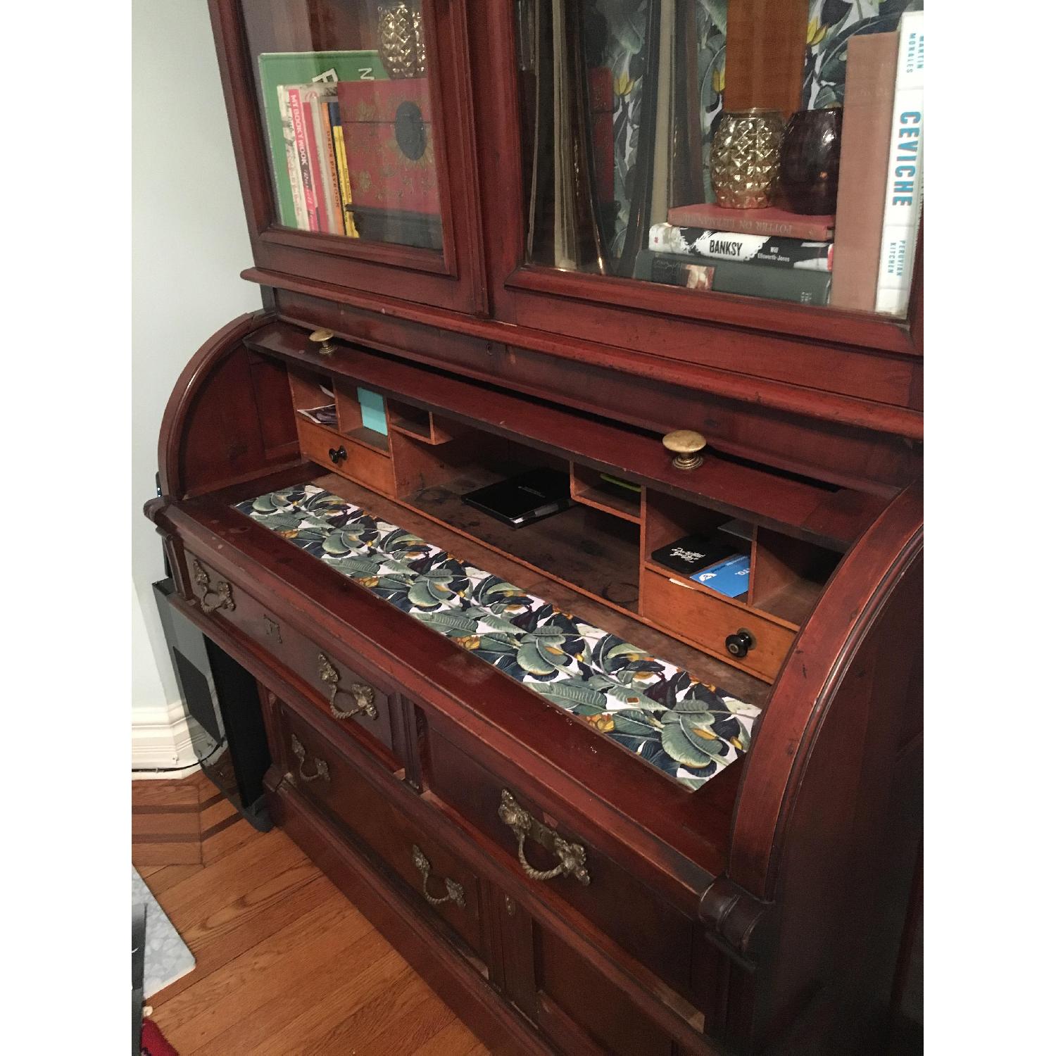 Antique Victorian Roll-Top Secretary Desk w/ Glass Door Bookcase - image-5