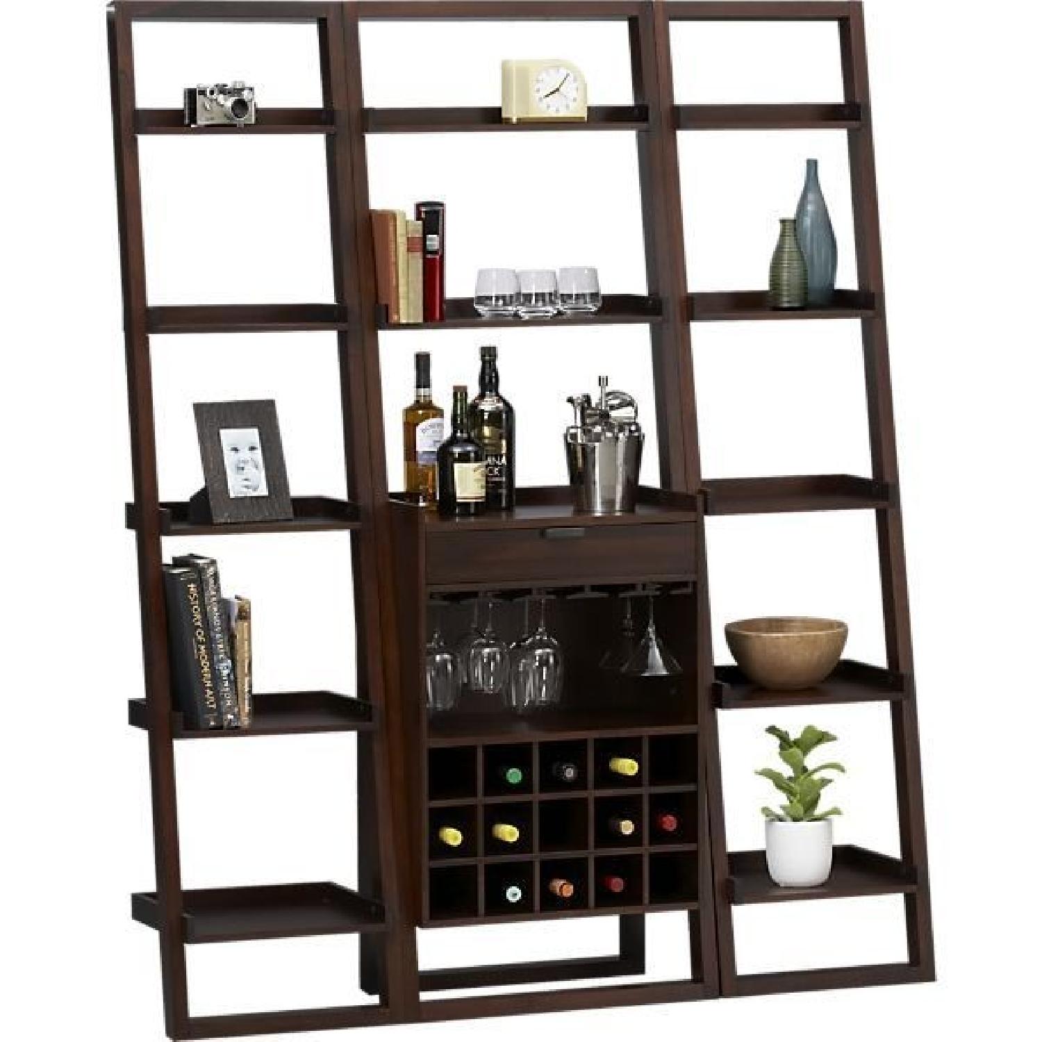 Crate & Barrel Sloane Java Leaning Wine Bar with Leaning Bookcase AptDeco