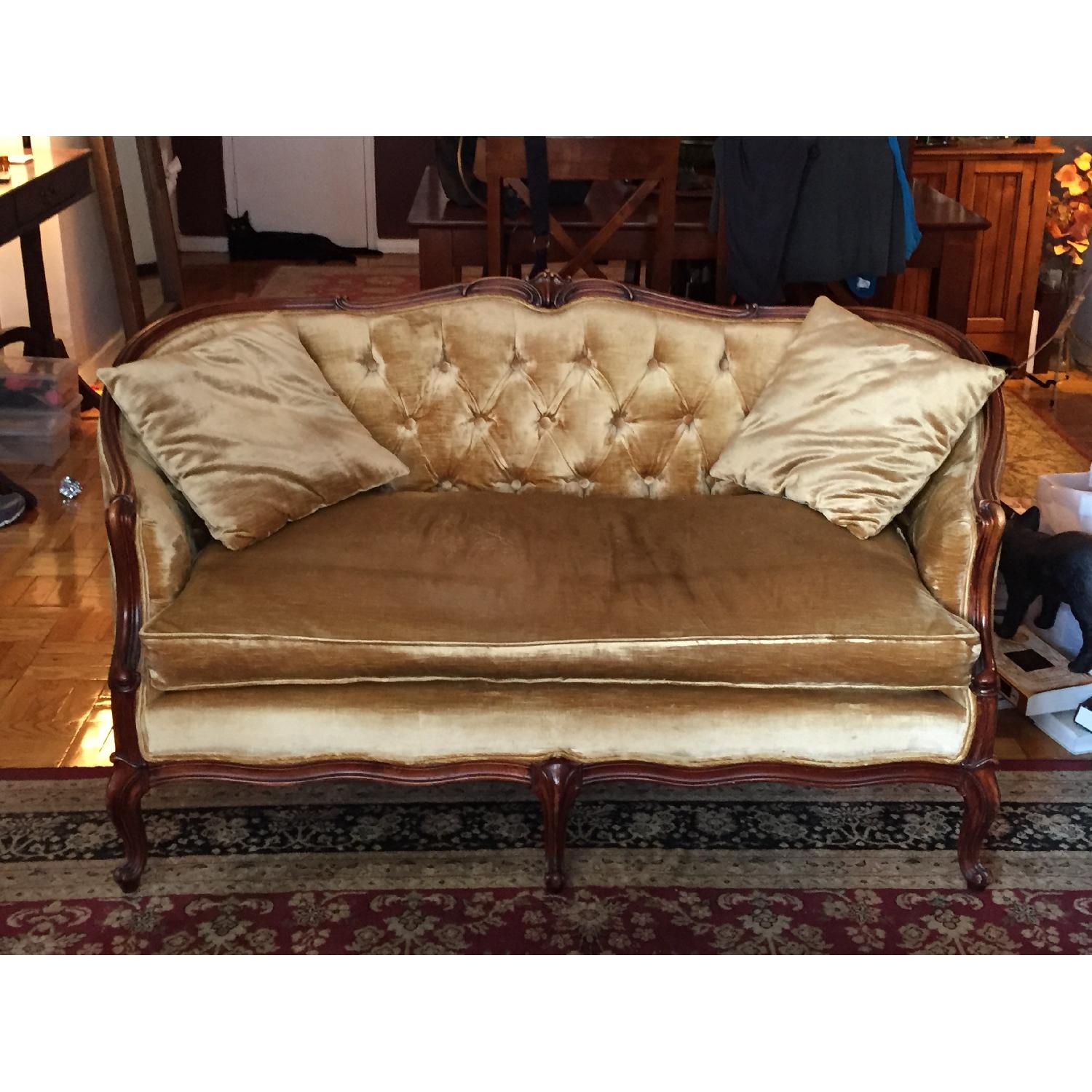 Queen Anne Loveseat Sofa - Antique Gold Velvet - image-1