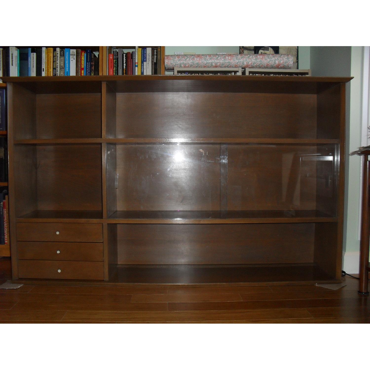 MCM Birch Bookcase/Sideboard w/ Sliding Glass Doors AptDeco