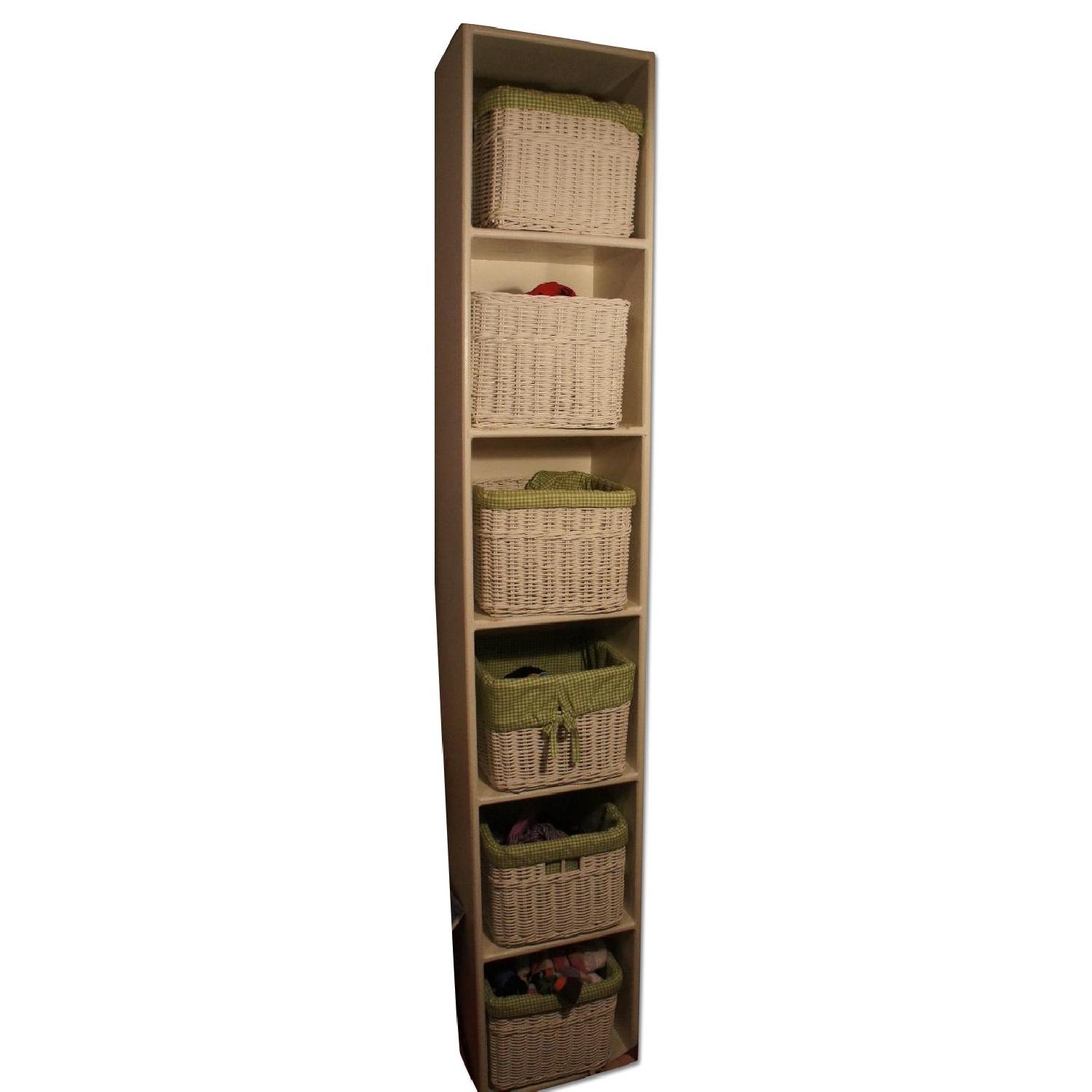 Storage Cube Shelf with Wicker Baskets and Green Basket Liners - image-0