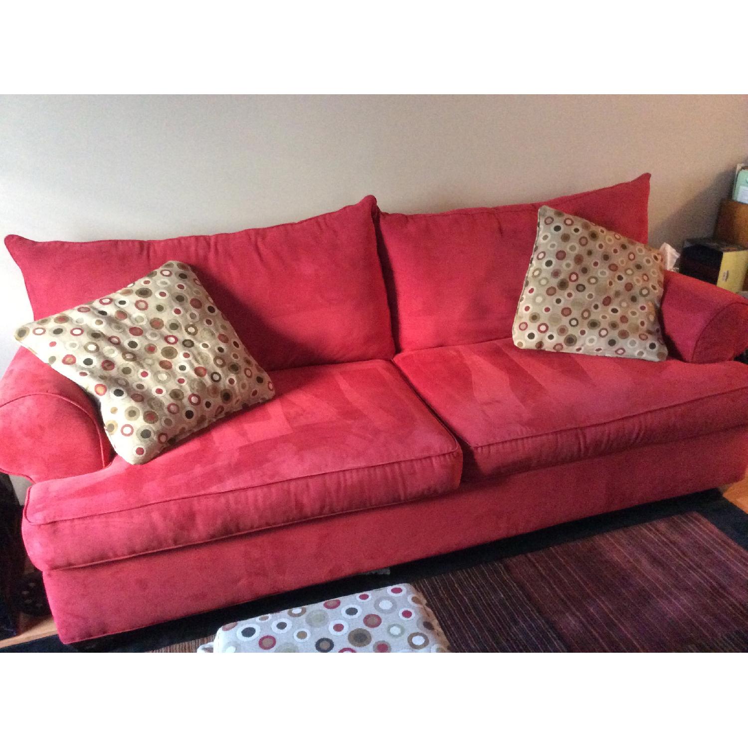 Raymour & Flanigan Red Sofa & Ottoman + 4 Throw Pillows - image-1