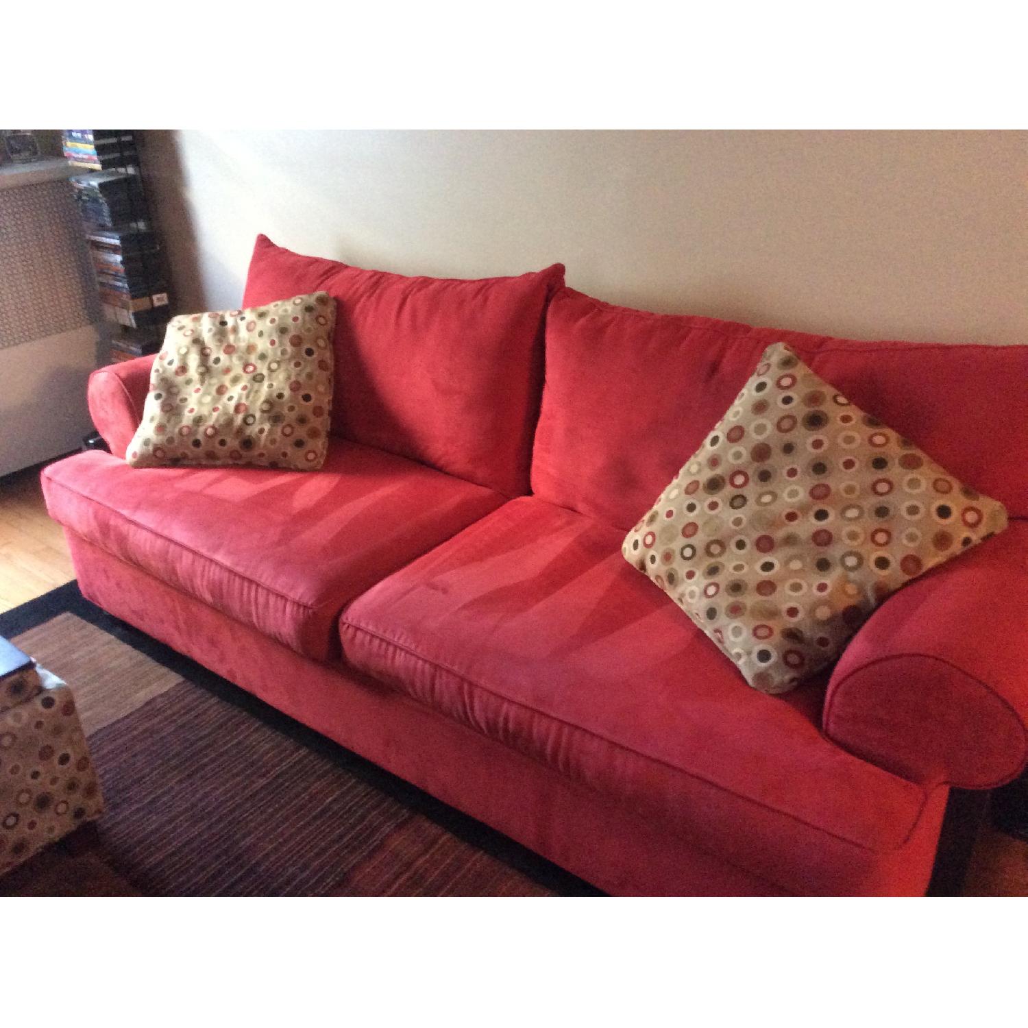 Raymour Flanigan Red Sofa Ottoman 4 Throw Pillows Aptdeco