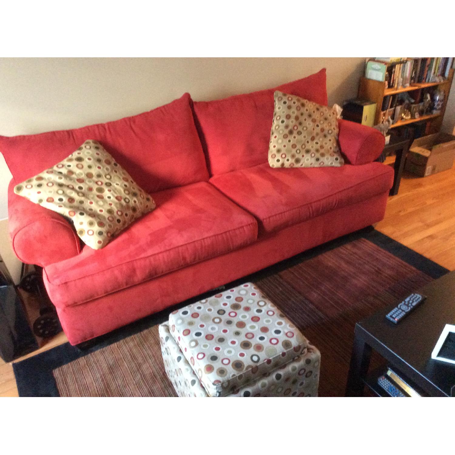 Raymour & Flanigan Red Sofa & Ottoman + 4 Throw Pillows - image-3