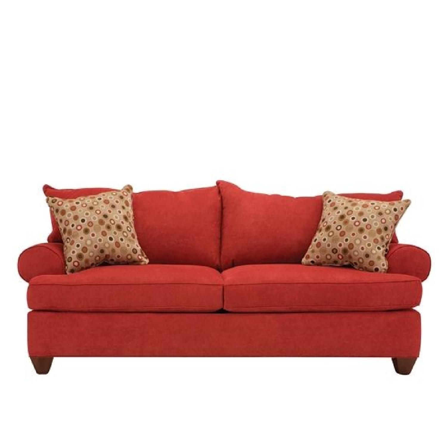 Raymour & Flanigan Red Sofa & Ottoman + 4 Throw Pillows - image-0