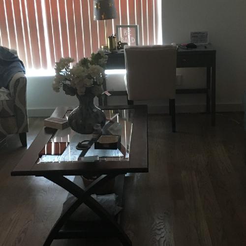 Used Raymour & Flanigan Glass Coffee Table + 2 Side Tables for sale on AptDeco