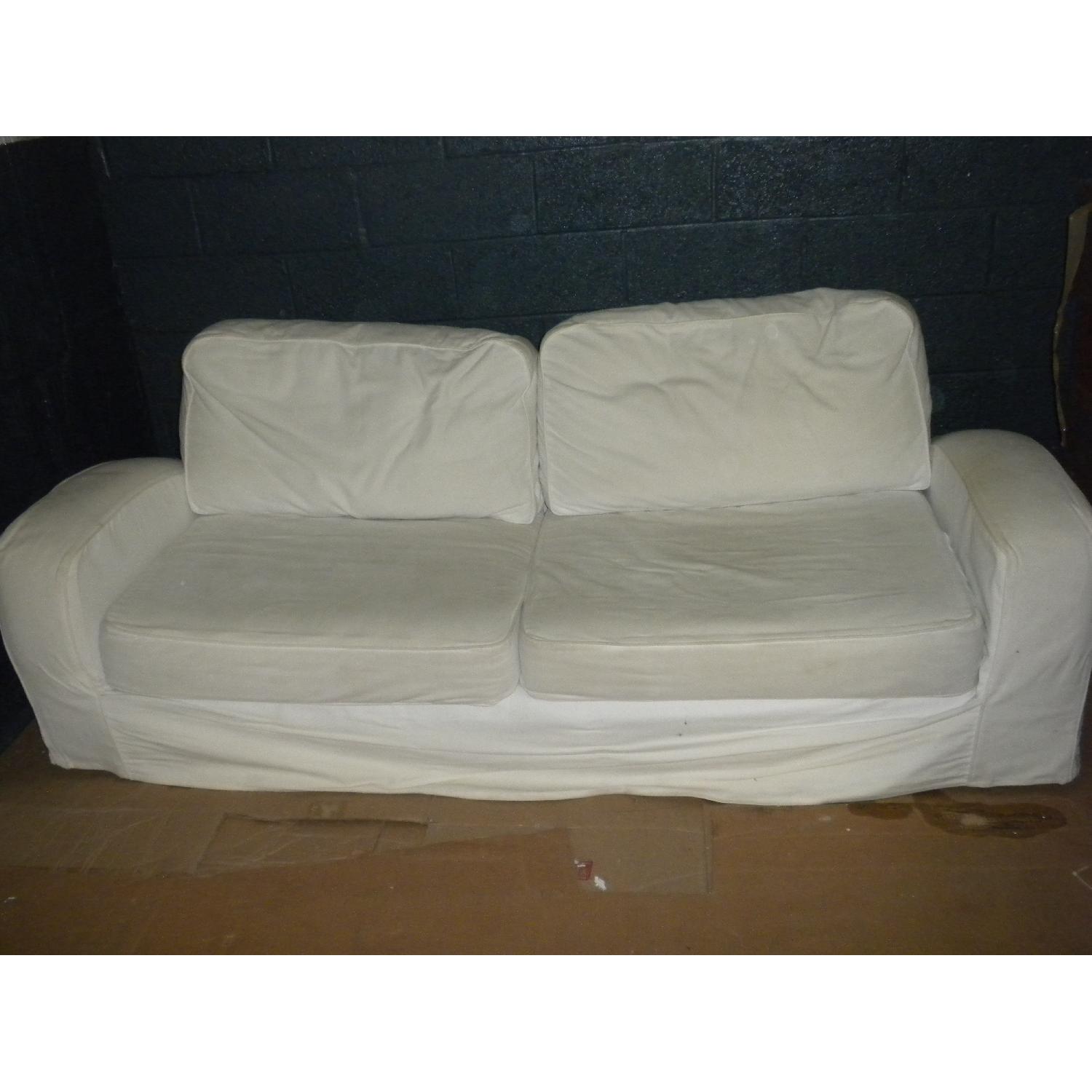 Pier 1 Taupe Sofa w/ White Slipcover - image-1