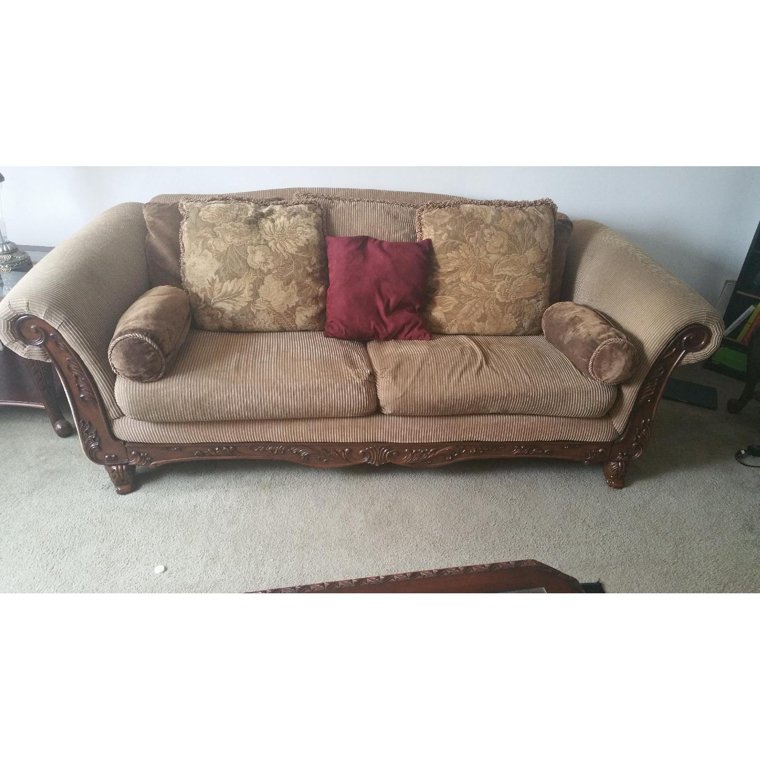 Desk Chair Wood Trimmed Gold and Earth Tone Sofa - image-3