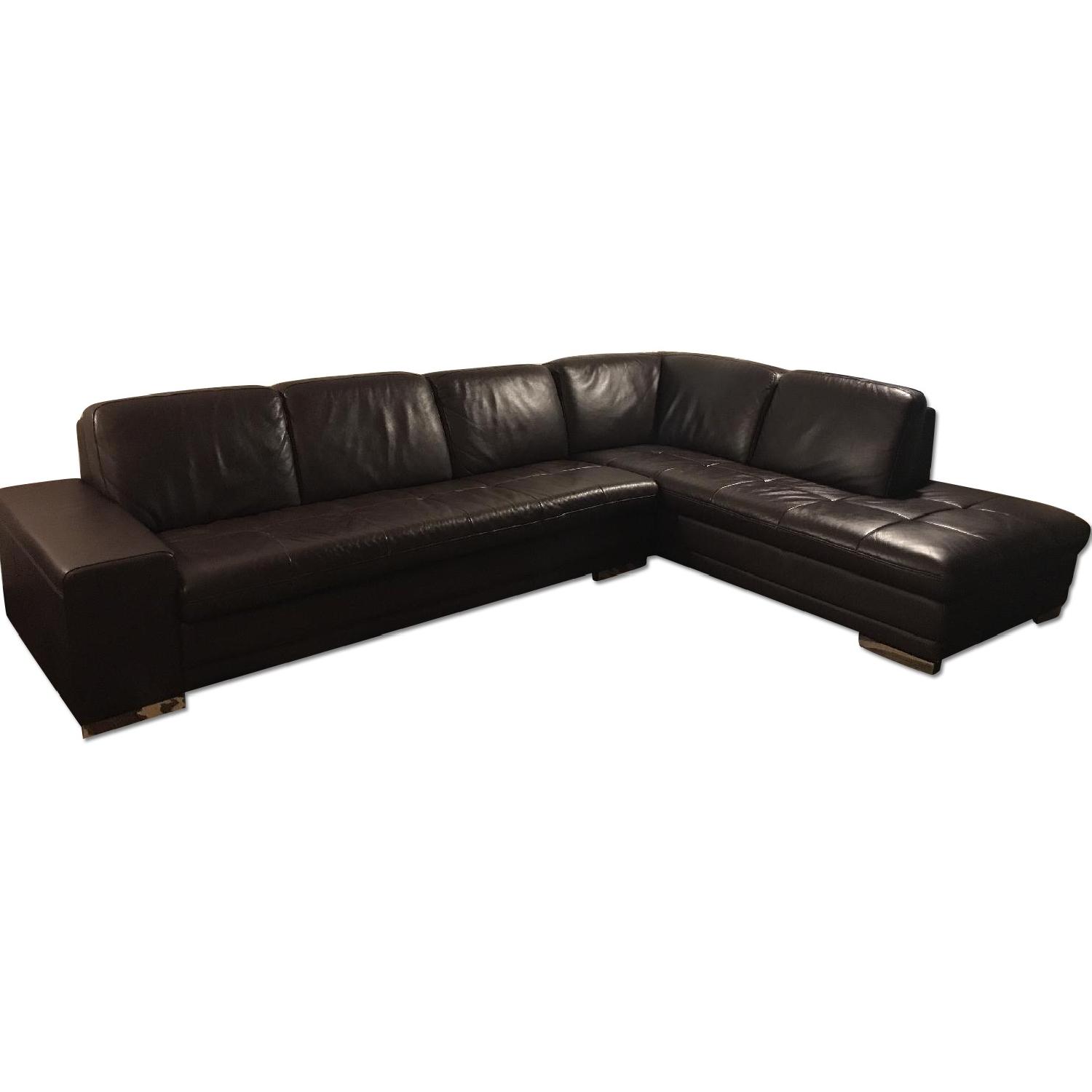 Brown Leather L Shape Sectional Couch - image-0