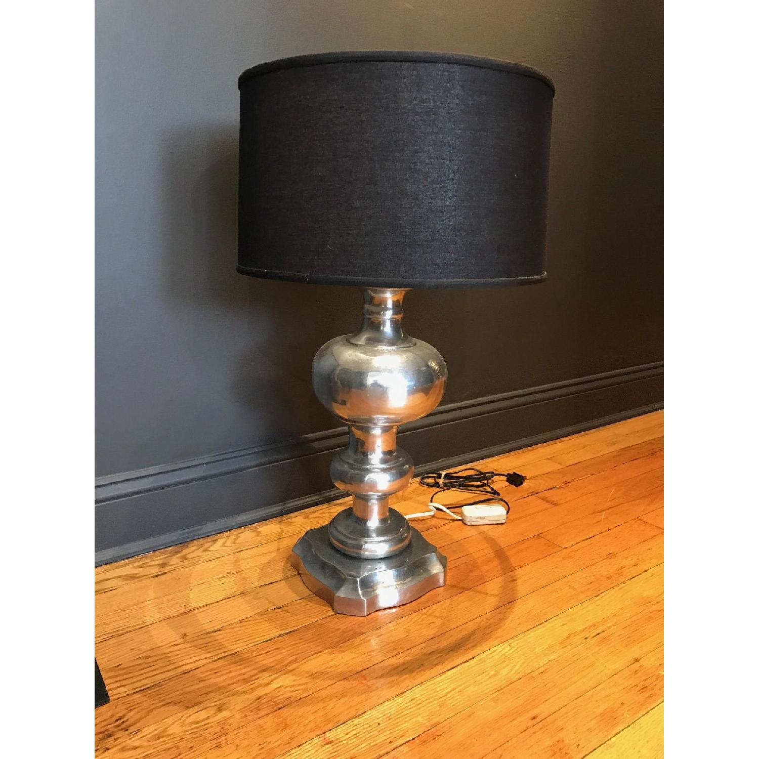 Antique Pewter Silver Table Lamp w/ Black Shade - image-1