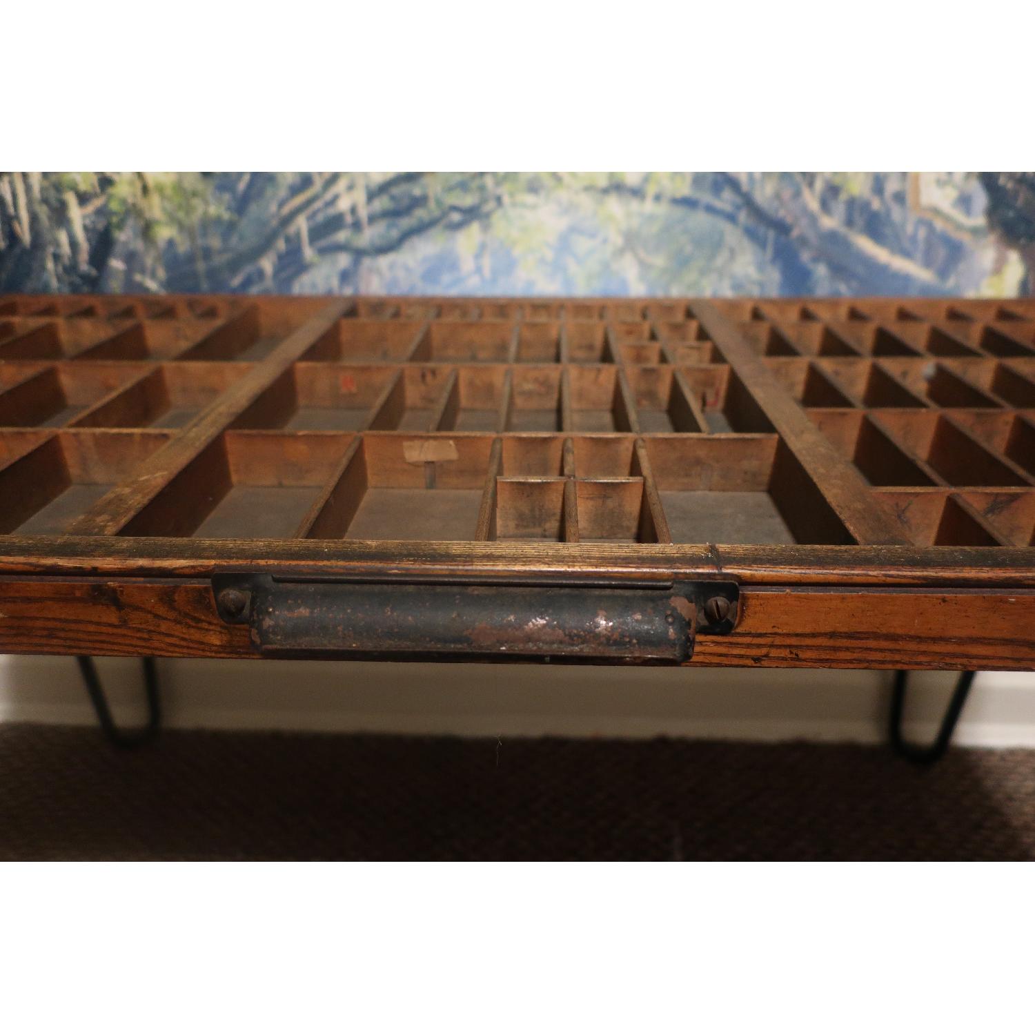 Antique Letterpress Typesetter Coffee Table w/ Hairpin Legs & Glass Top - image-1