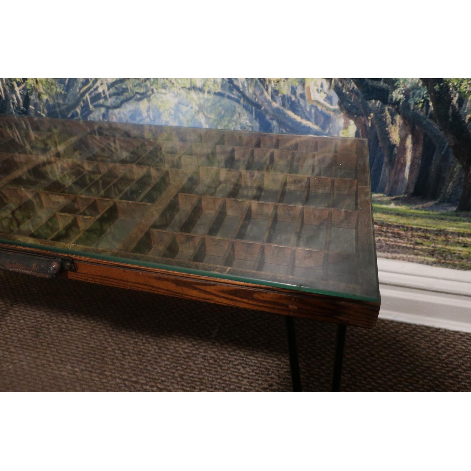 Antique Letterpress Typesetter Coffee Table w/ Hairpin Legs & Glass Top - image-2